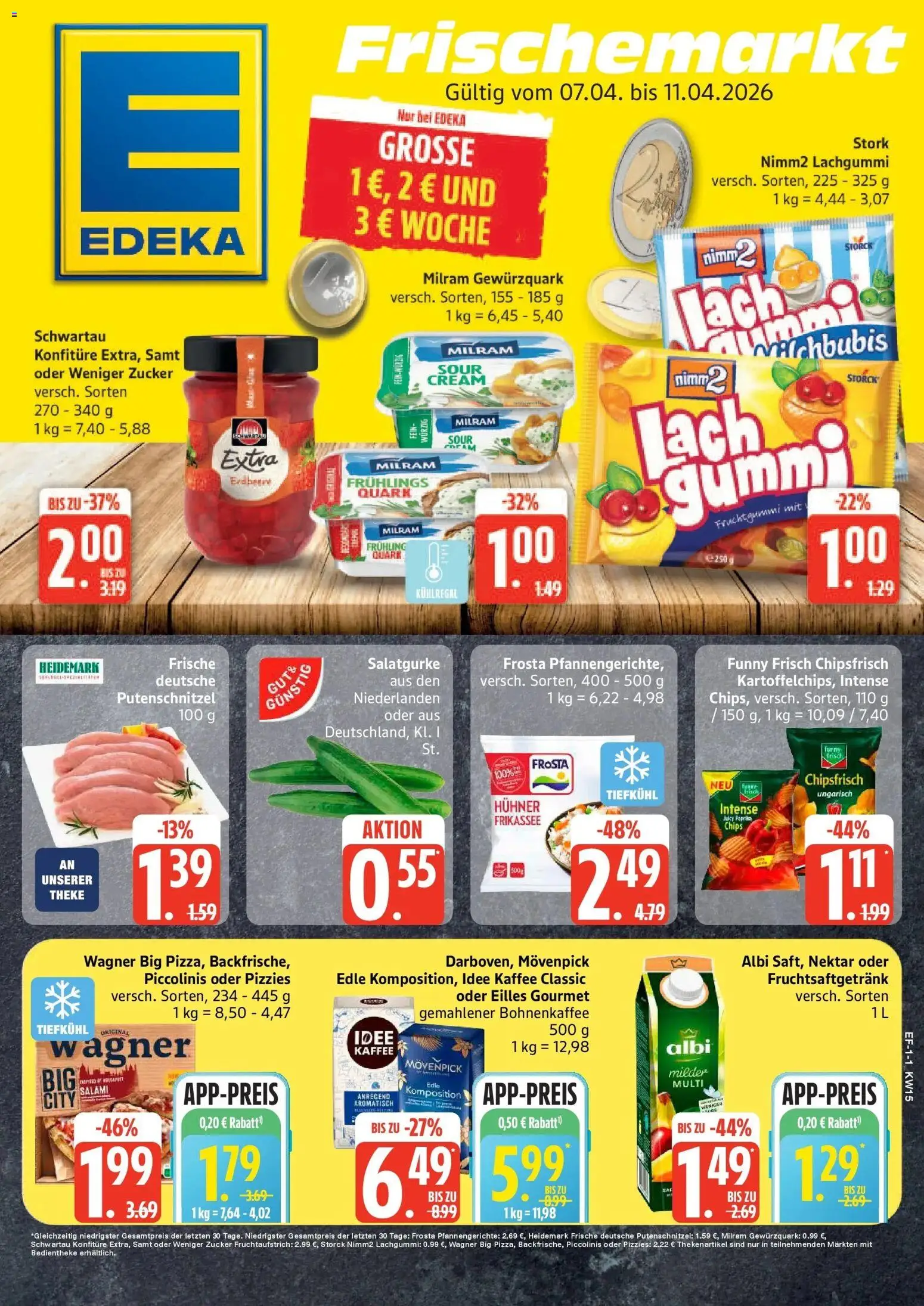 Vorschau von dem Prospekt des Geschäftes Edeka, gültig ab dem 05.04.2026 - Pizza, Chips, Quark, Zucker, Salami, Theke, Putenschnitzel, Milram