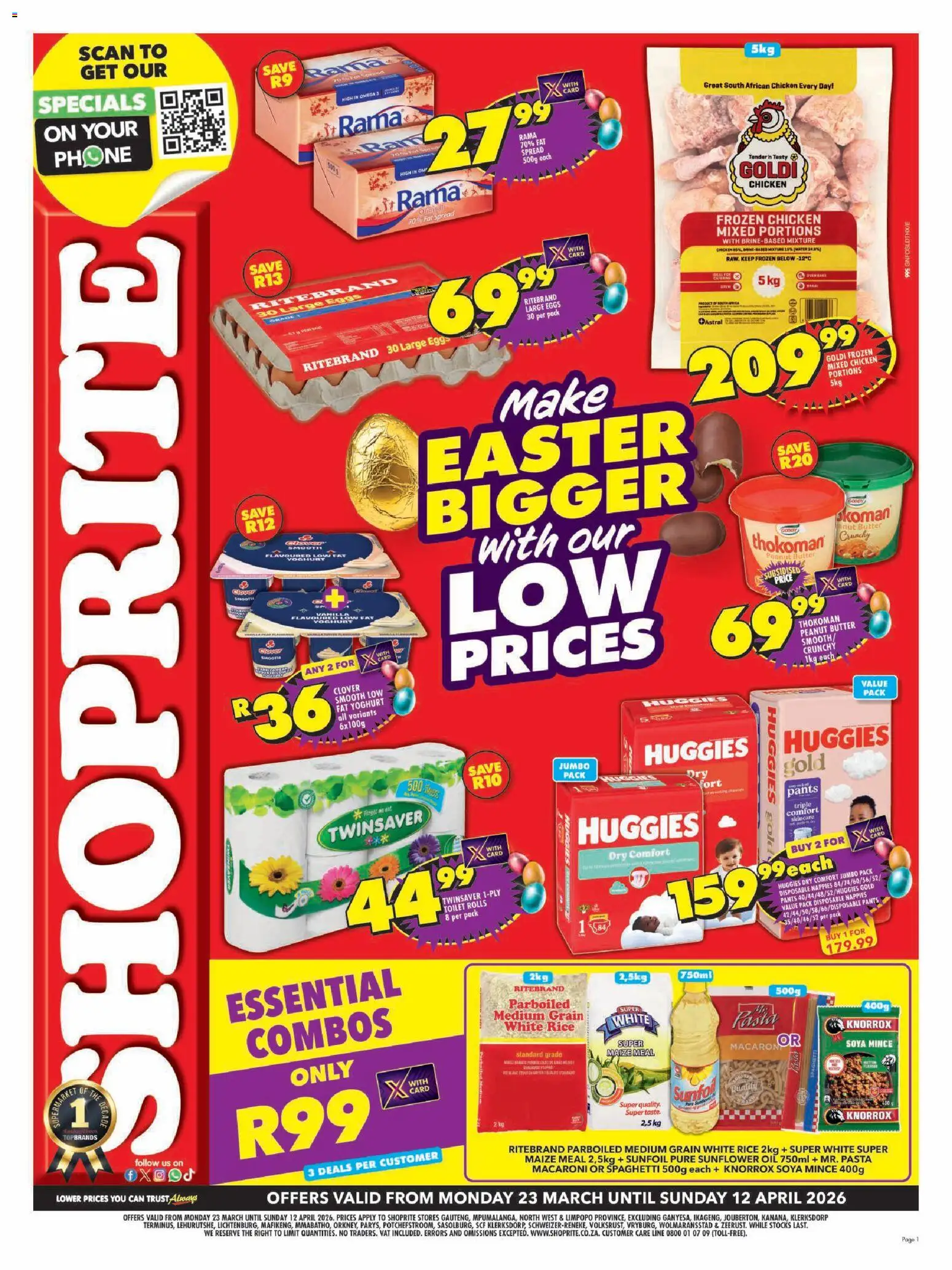 Preview of Shoprite flyer valid from 23/03/2026 - Chicken, Toilet, Butter, Omega 3, Spaghetti, Vanilla, Spread, Frozen chicken