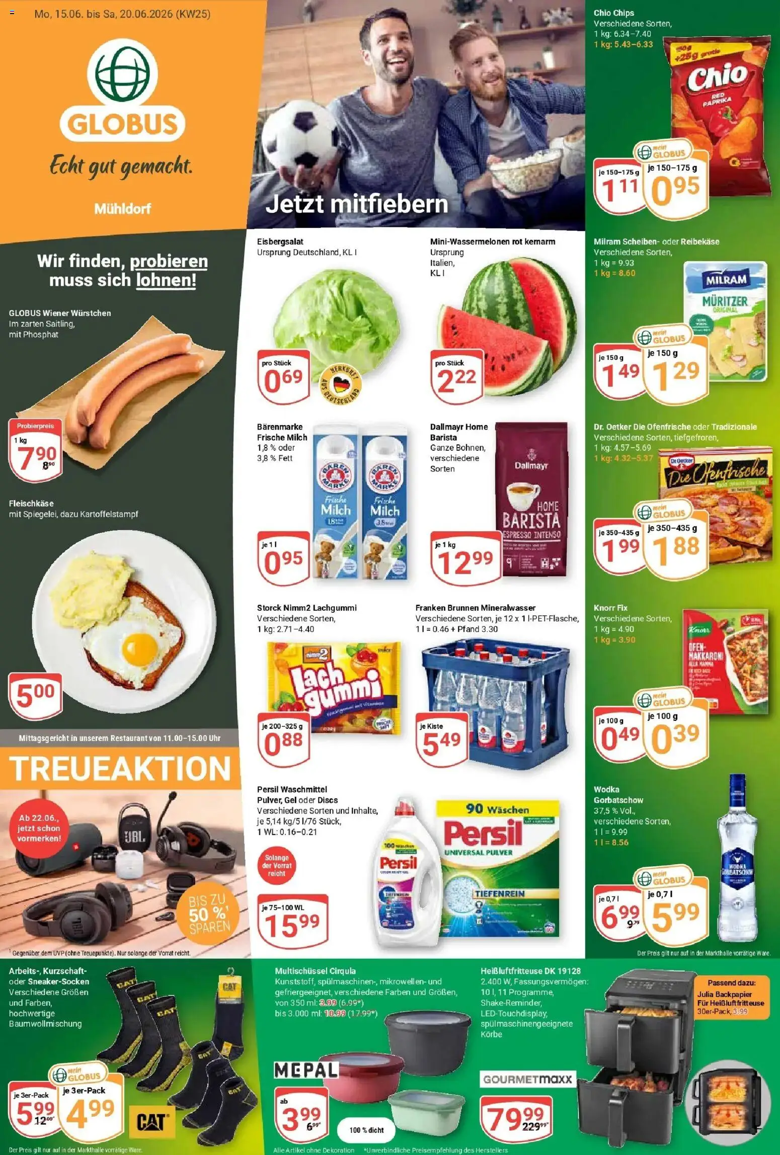 Vorschau von dem Prospekt des Geschäftes Globus, gültig ab dem 15.06.2026 - Heißluftfritteuse, Milch, Ofen, Dallmayr, Eisbergsalat, Persil, Milram, Reibekase