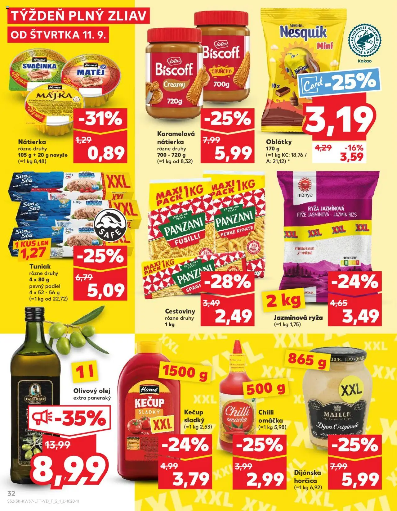 Náhľad Kaufland letáku platného od 11.09.2025 - Olivový olej, Fusilli, Ryža, Penne, Chilli, Omáčka, Nesquik, Oblátky