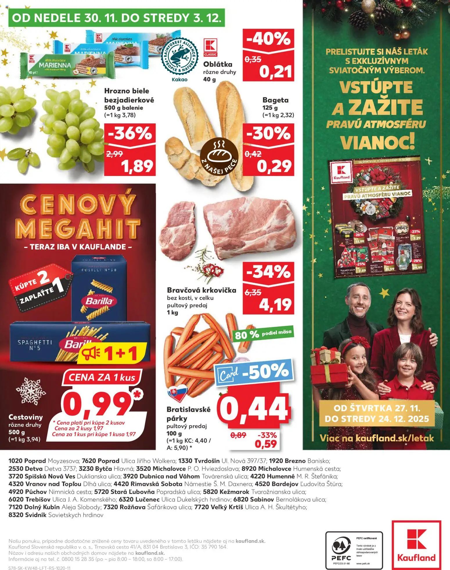 Náhľad Kaufland letáku platného od 27.11.2025 - Cestoviny, Krkovička, Fusilli, Hrozno, Kakao, Párky, Bravčová krkovička