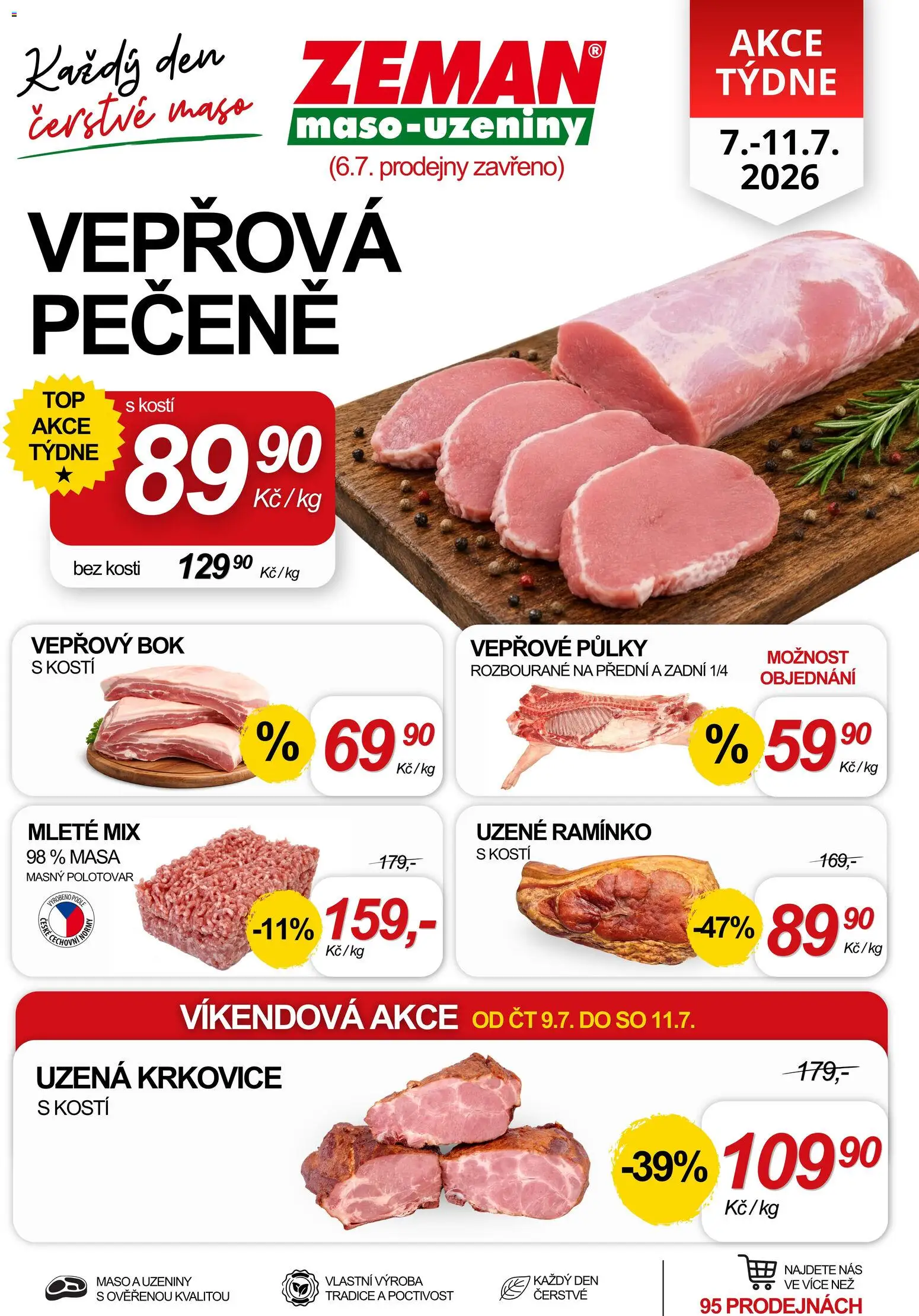 Náhled nabídky: Prodejny Zeman Prodejny Zeman leták platný od 07.07.2026 - Maso, Vepřová pečeně, Krkovice, Vepřový bok, Uzeniny, Uzená krkovice, Vepřové půlky