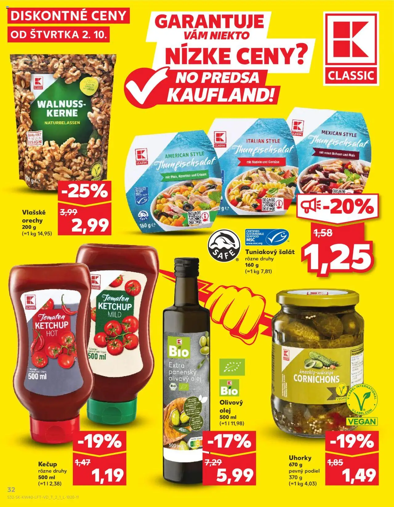 Náhľad Kaufland letáku platného od 02.10.2025 - Olej, Šalát, Orechy, Olivový olej, Vlašské orechy, Kečup, Uhorky