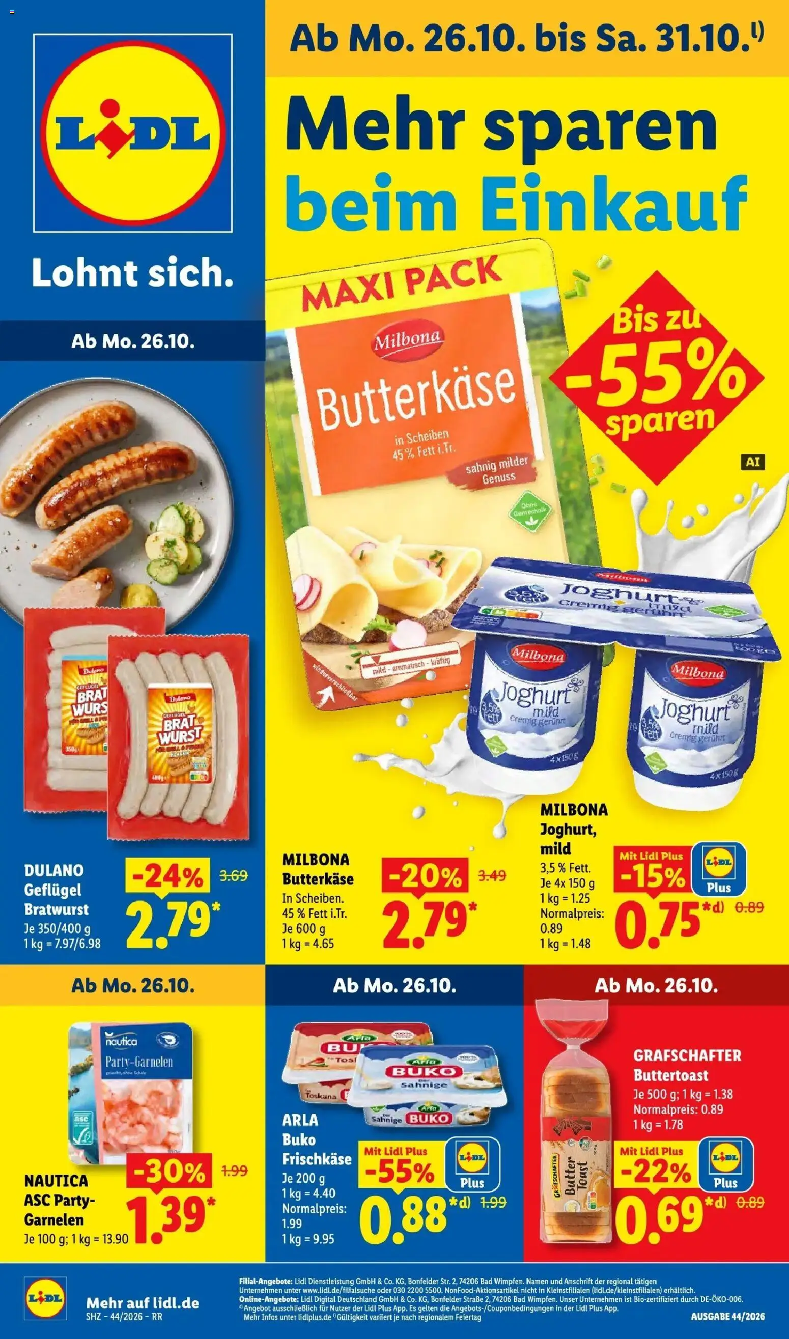 Vorschau von dem Prospekt des Geschäftes Lidl, gültig ab dem 26.10.2026 - Butter, Bad, Bratwurst, Garnelen, Sahne, Toast, Arla buko, Frischkase
