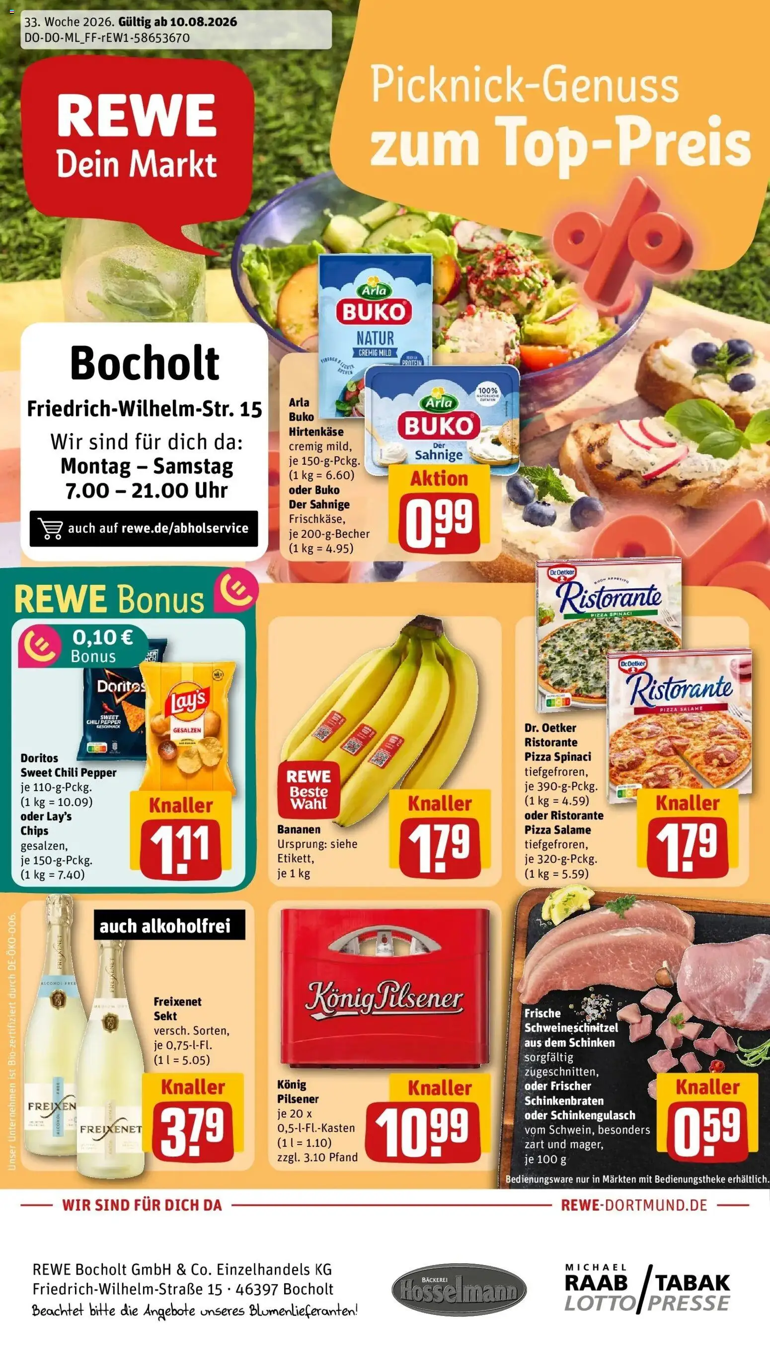 Vorschau von dem Prospekt des Geschäftes Rewe, gültig ab dem 10.08.2026 - Bäckerei, Pizza, Chips, Uhr, Ristorante, Schinken, Presse, Arla buko