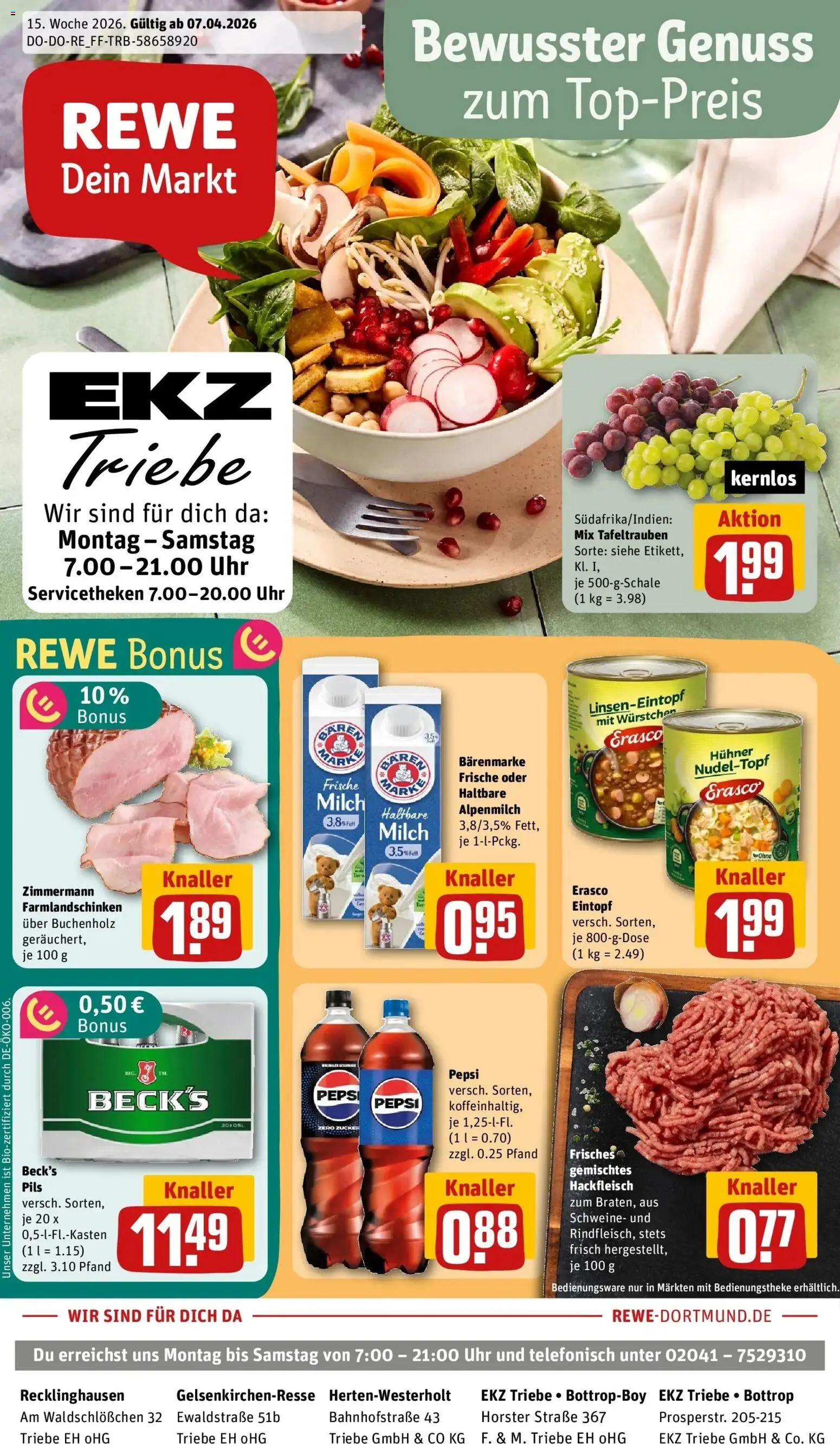 Vorschau von dem Prospekt des Geschäftes Rewe, gültig ab dem 05.04.2026 - Uhr, Milch, Hackfleisch, Zucker, Pepsi, Haltbare milch, Pils, Erasco