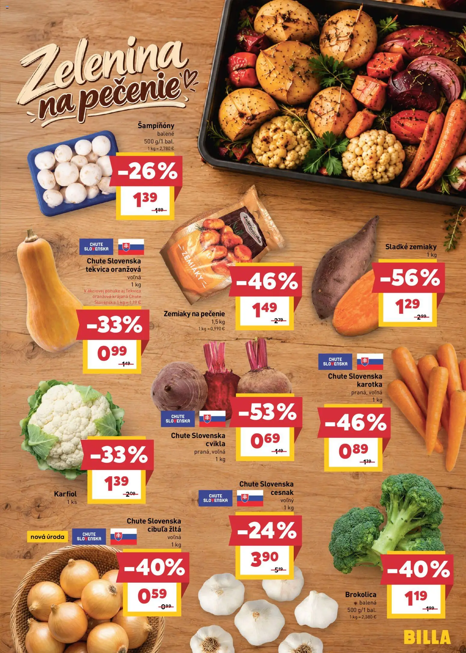 Náhľad Billa letáku platného od 21.10.2026 - Zelenina, Karfiol, Cvikla, Brokolica, Cesnak, Zemiaky, Cibuľa, Šampiňóny