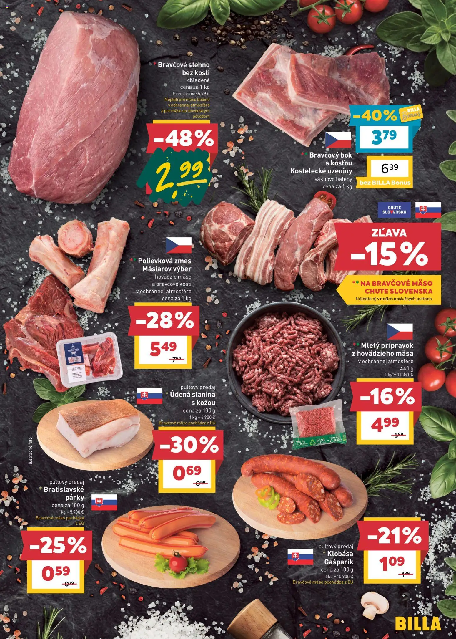 Náhľad Billa letáku platného od 28.10.2026 - Mäso, Hovädzie mäso, Klobása, Slanina, Párky, Bravčové stehno, Bravčové mäso, Bravčový bok