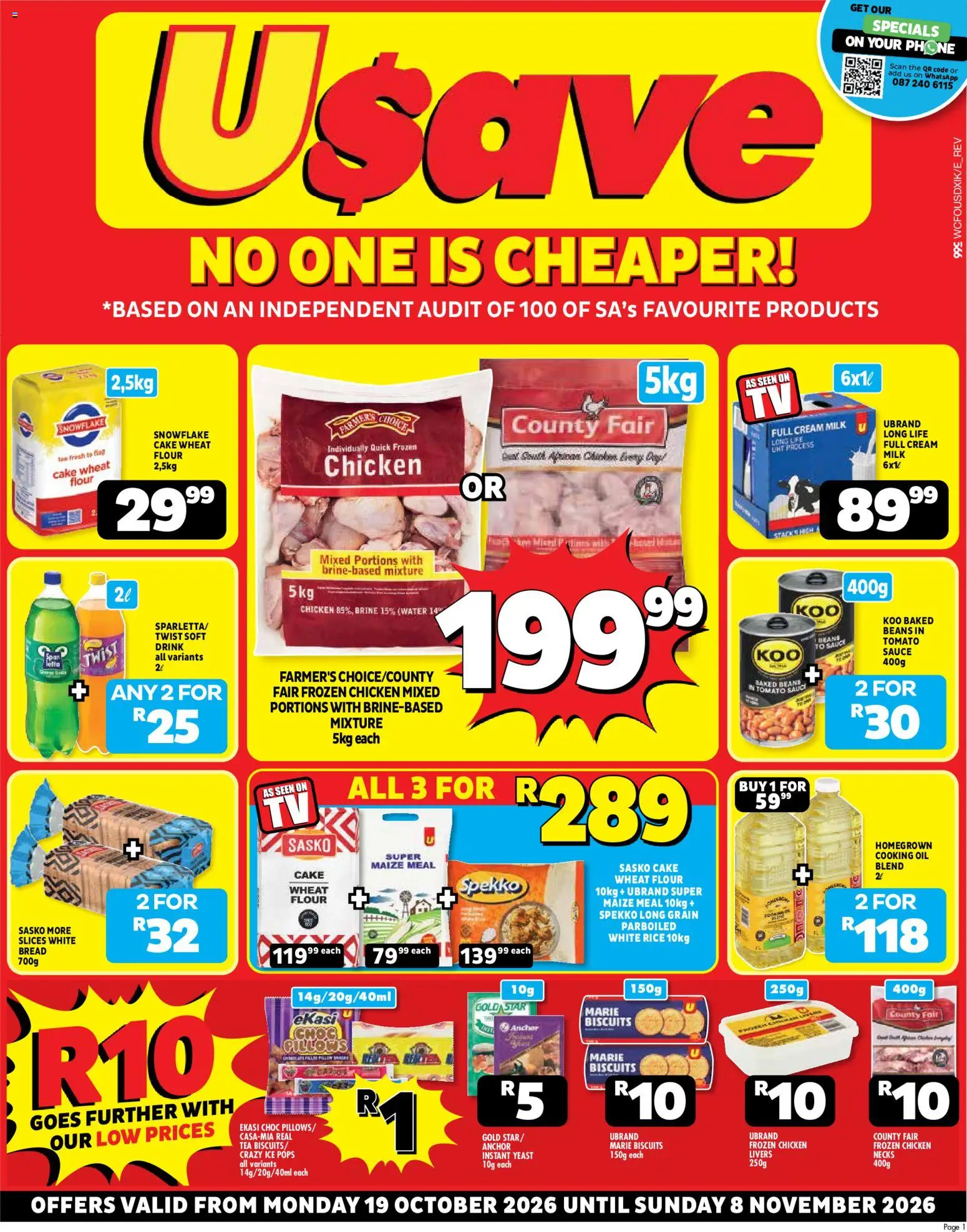 Preview of Usave flyer valid from 19/10/2026 - Tea, Milk, Oil, Bread, Cream, Flour, Sauce, Frozen chicken