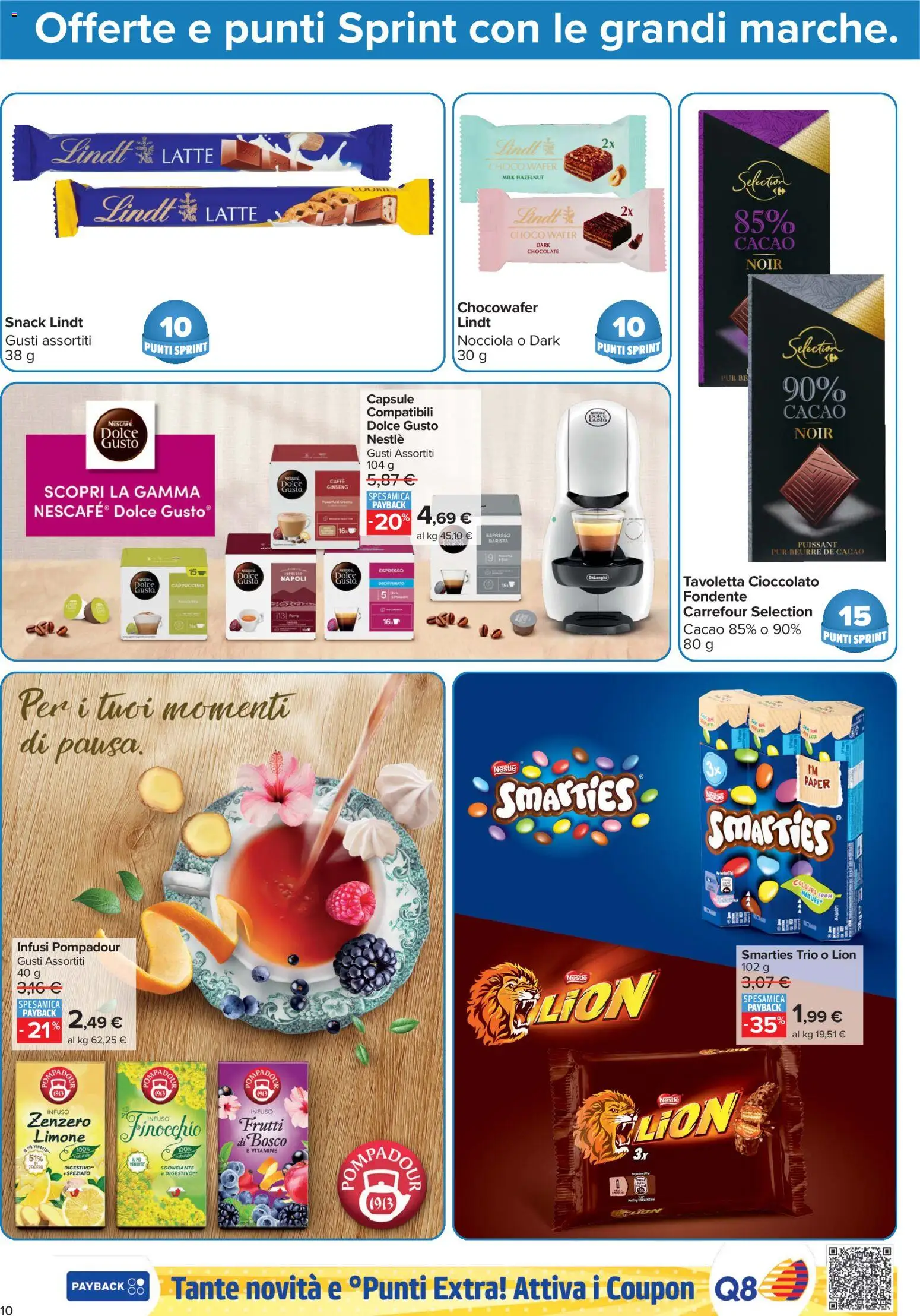 Anteprima dell'opuscolo Carrefour volantino Market - Punti Sprint Payback dal negozio Carrefour valido da 23/10/2026 - Latte, Limone, Cioccolato, Lindt, Zenzero, Cappuccino, Nescafé, Tavoletta