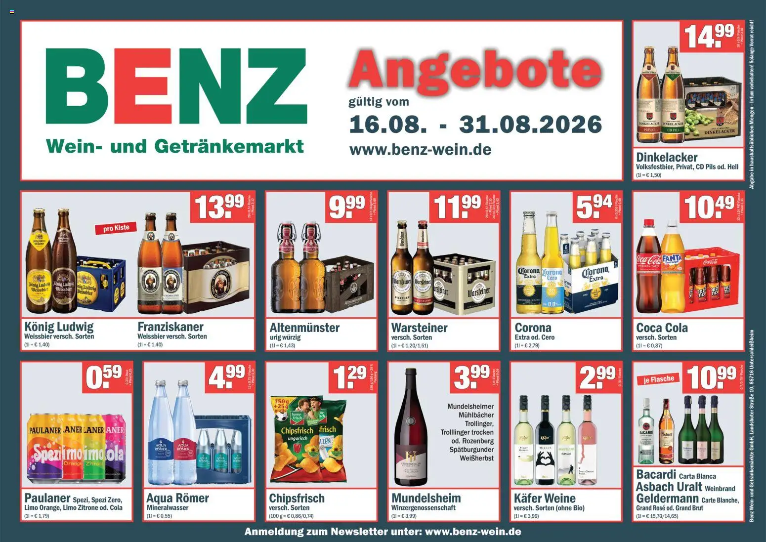 Vorschau von dem Prospekt des Geschäftes Benz Getränke, gültig ab dem 16.08.2026 - Wein, Cola, Bacardi, Zitrone, Paulaner, Franziskaner, Weißbier, Pils