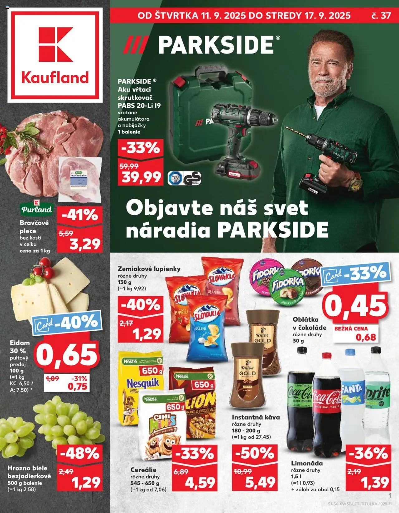 Náhľad Kaufland letáku platného od 11.09.2025 - Parkside, Paprika, Hrozno, Fanta, Nesquik, Instantná káva, Cereálie, Bravčové plece
