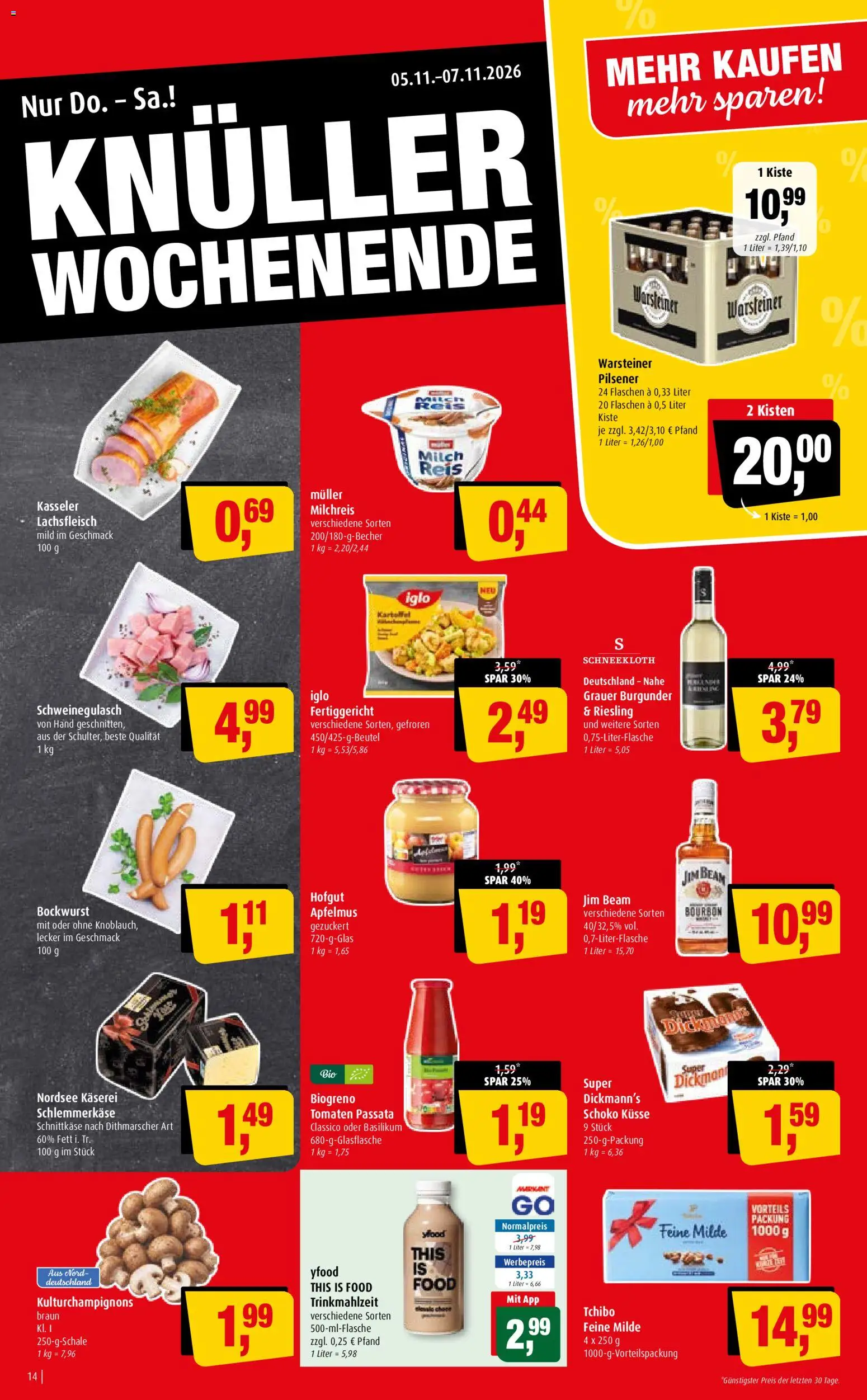Vorschau von dem Prospekt des Geschäftes Markant, gültig ab dem 02.11.2026 - Milch, YFood, Jim beam, Tomaten, Apfelmus, Bockwurst, Iglo, Schweinegulasch