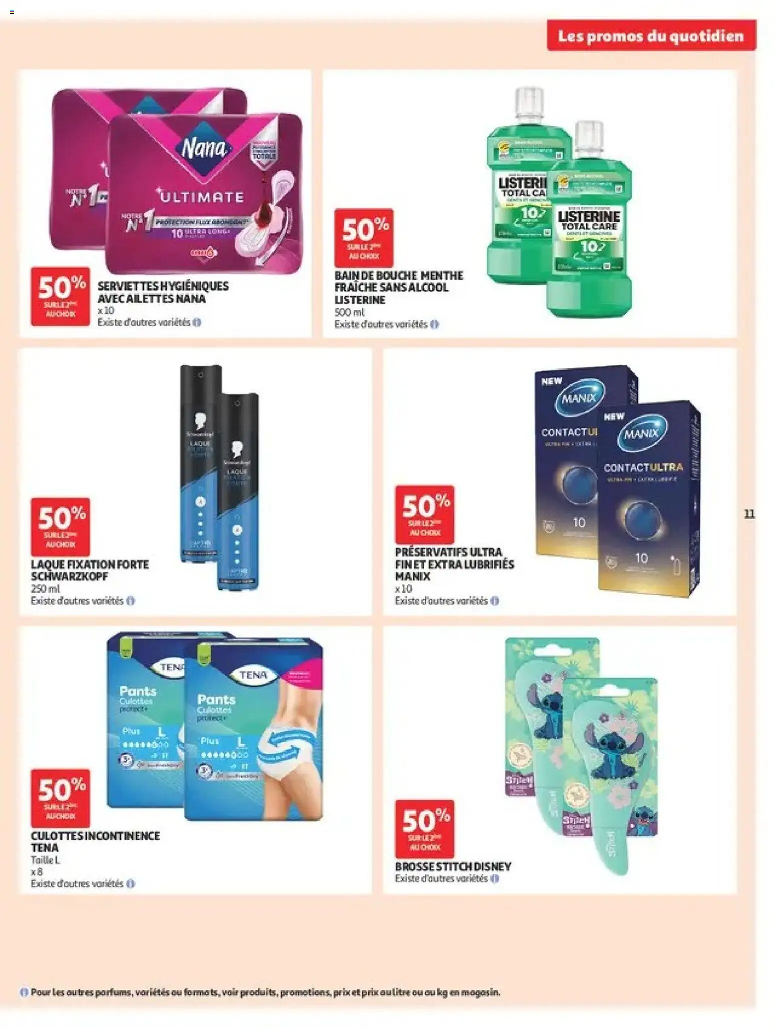 Prévisualisation de Auchan Les promos du moment du magasin Auchan formulaire valide 01/09/2026 - Serviettes hygiéniques, Préservatifs, Schwarzkopf, Serviettes, Brosse, Laque, Alcool, Culottes incontinence