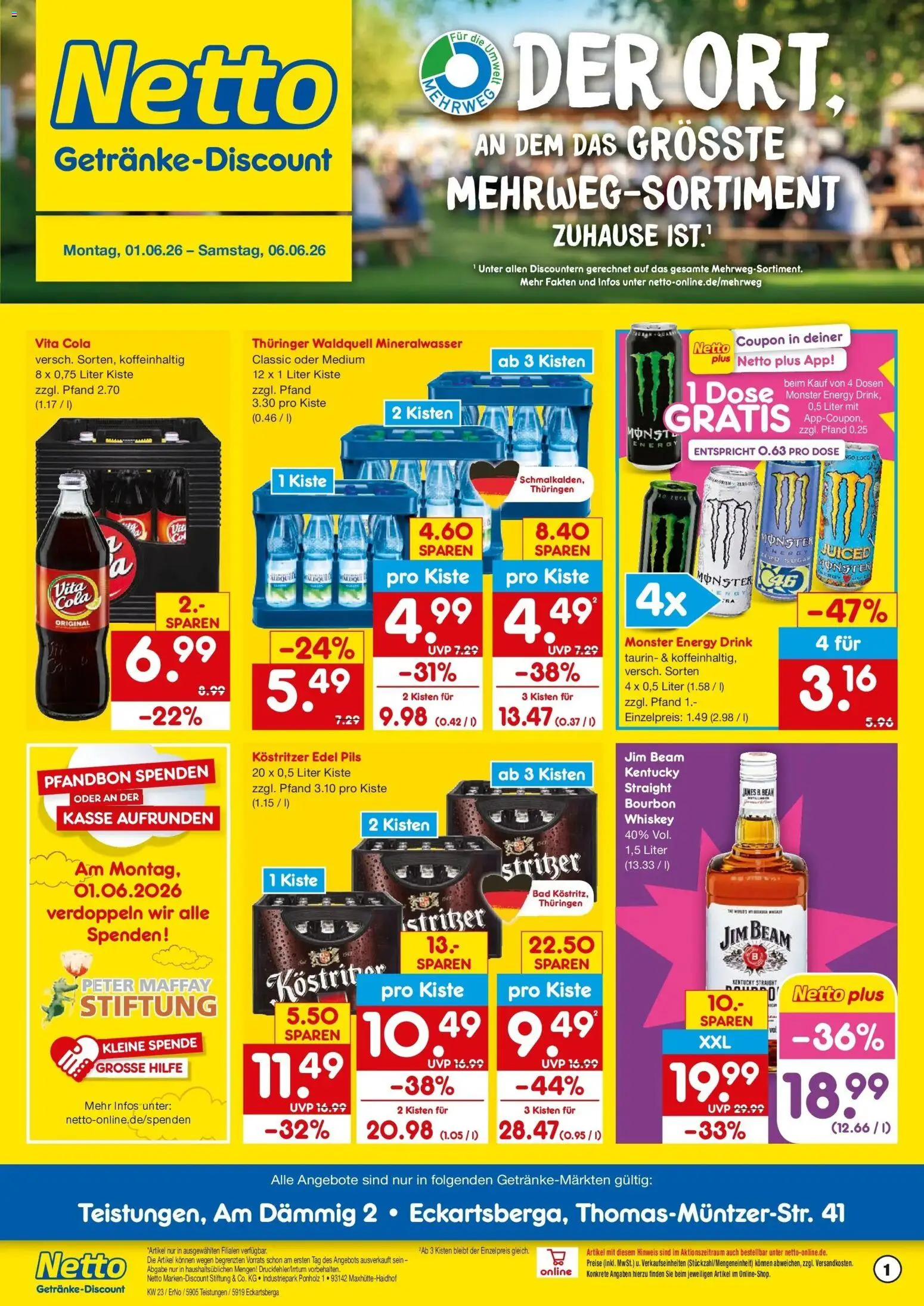 Vorschau von dem Prospekt des Geschäftes Netto Marken-Discount, gültig ab dem 01.06.2026 - Bad, Monster, Cola, Mineralwasser, Whiskey, Jim beam, Bourbon, Kostritzer