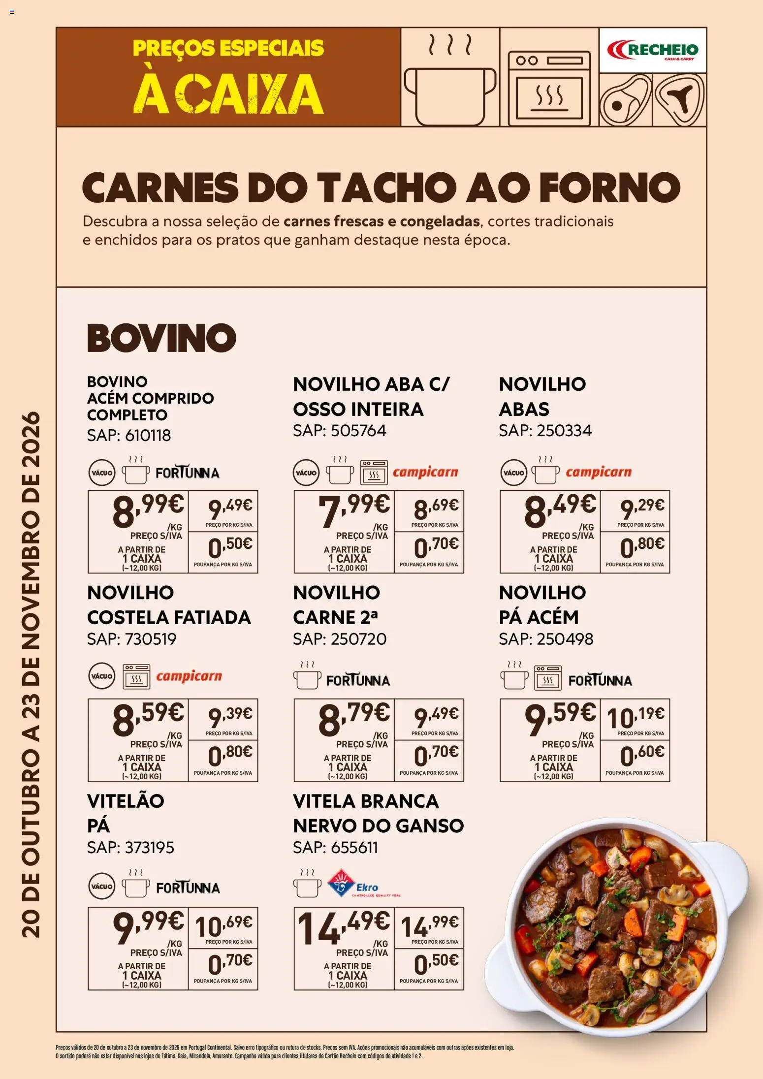 Pré-visualização do folheto da loja Recheio válida a partir de 20/10/2026 - Caixa, Pá, Carne, Forno, Ganso, Vitela, Pratos