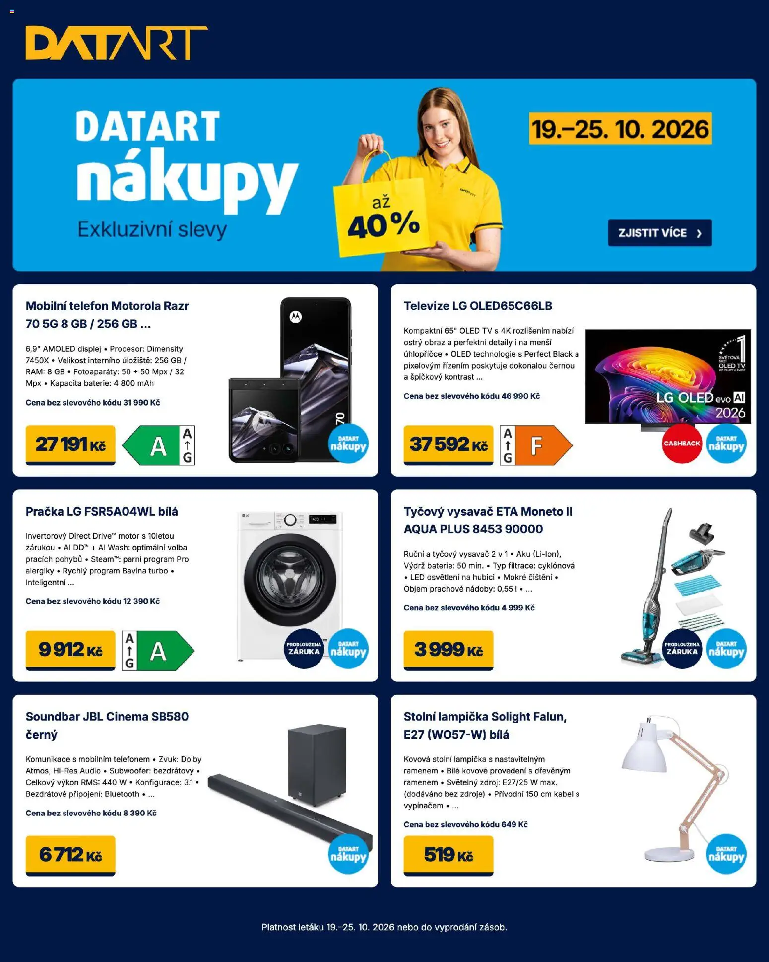 Náhled nabídky: Datart Datart leták platný od 19.10.2026 - Telefon, Pračka, Vysavač, Soundbar, LED, Osvětlení, Audio, Oled tv