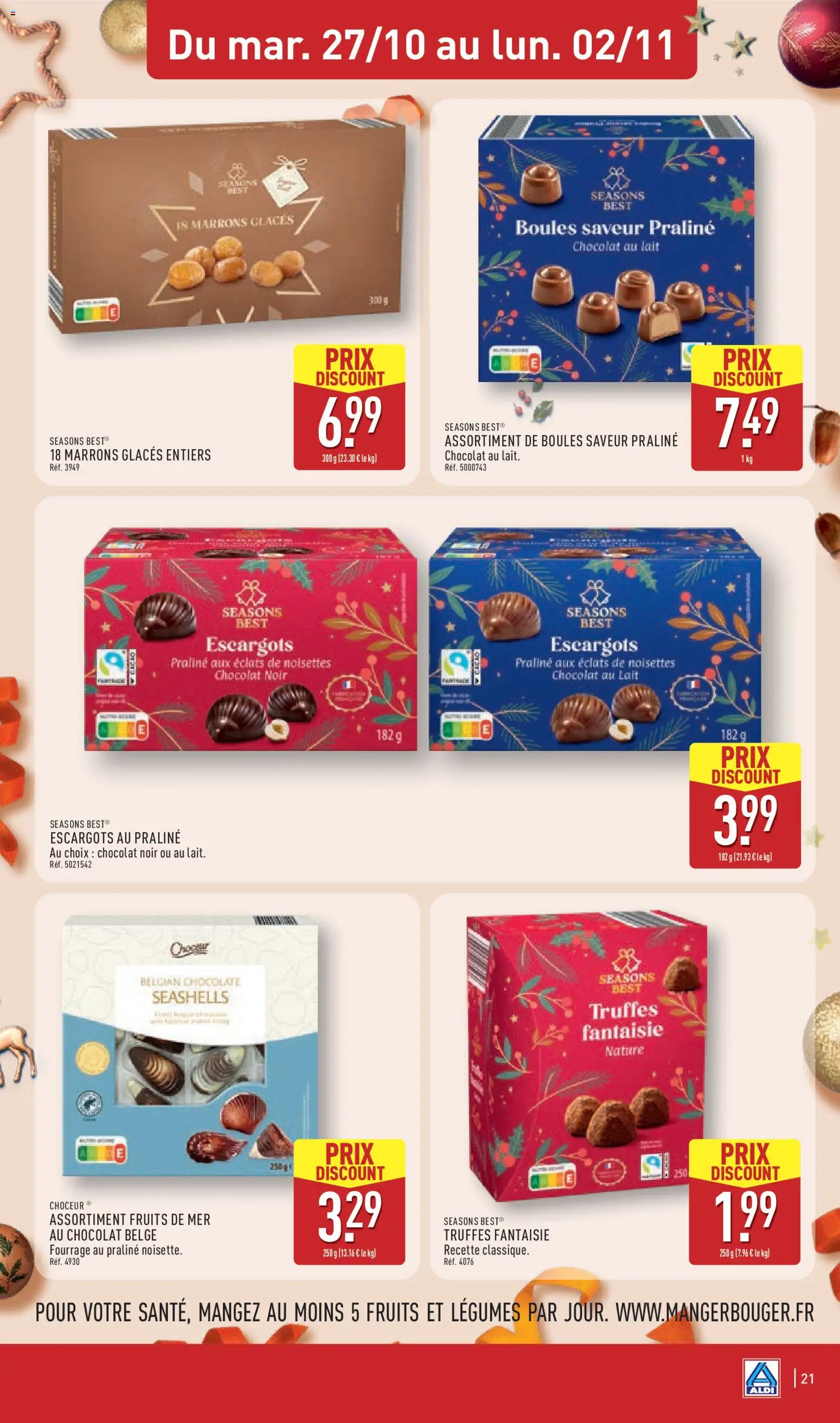 Prévisualisation de Aldi catalogue du magasin Aldi formulaire valide 27/10/2026 - Chocolat, Fruits, Escargots, Lait, Fruits de mer, Glaces, Marrons glacés, Chocolat au lait