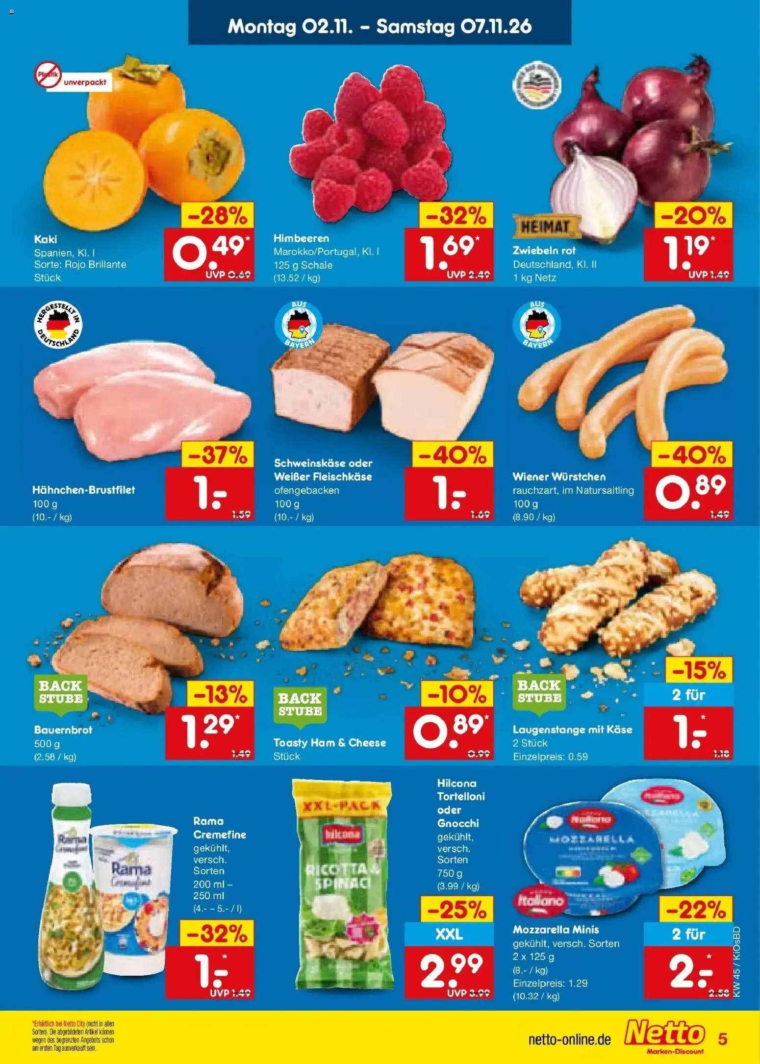 Vorschau von dem Prospekt des Geschäftes Netto Marken-Discount, gültig ab dem 02.11.2026 - Käse, Gnocchi, Himbeeren, Mozzarella, Kaki, Rama cremefine, Zwiebeln, Wiener wurstchen