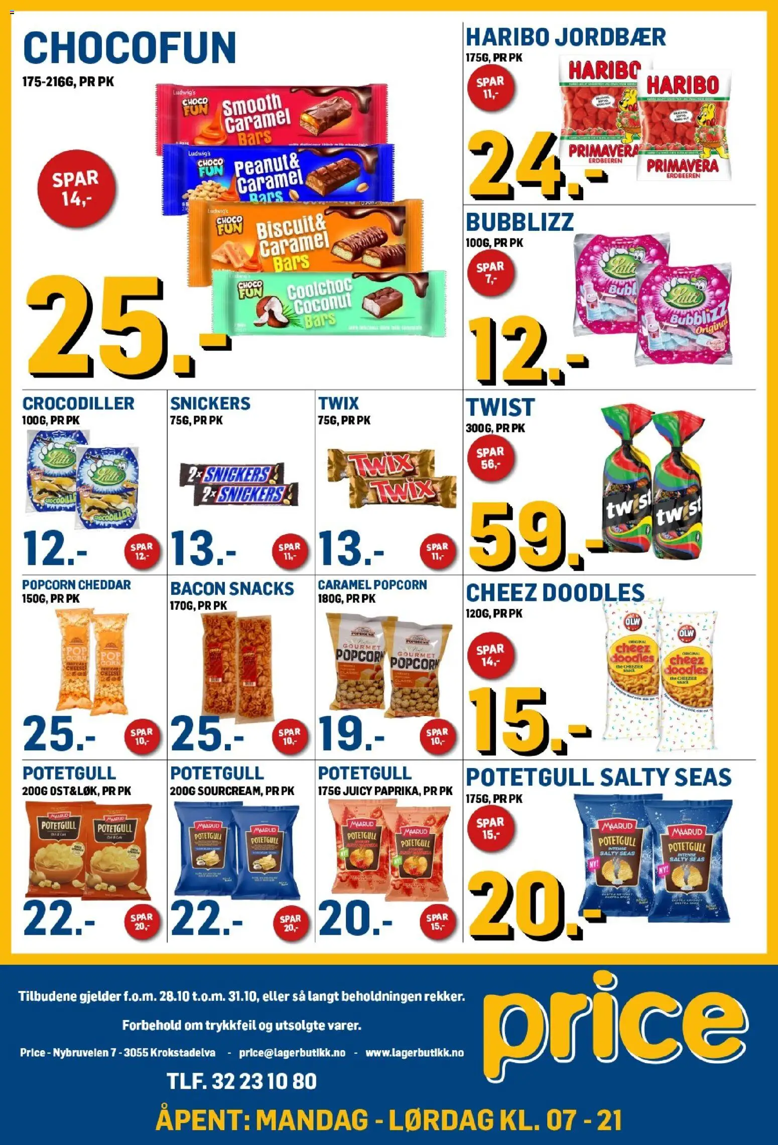 Forhåndsvis Price Lagerbutikk kundeavis fra butikk Price Lagerbutikk gyldig fra 28/10/2026 - Bacon, Jordbær, Popcorn, Snacks, Potetgull, Twist, Snickers, Cheddar