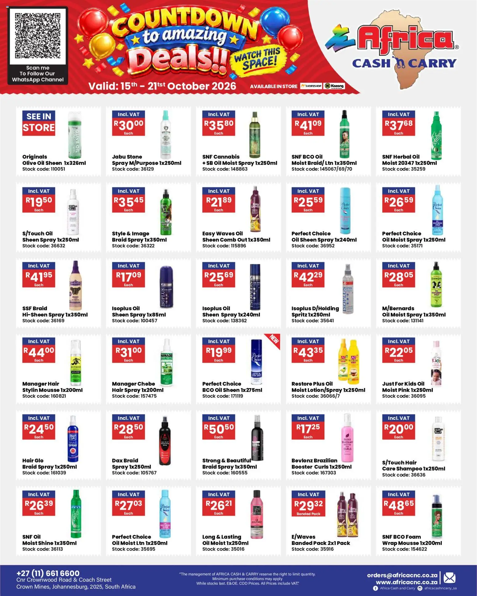 Preview of Africa Cash & Carry flyer valid from 15/10/2026 - Watch, Oil, Stock, Shampoo, Foam, Hair spray