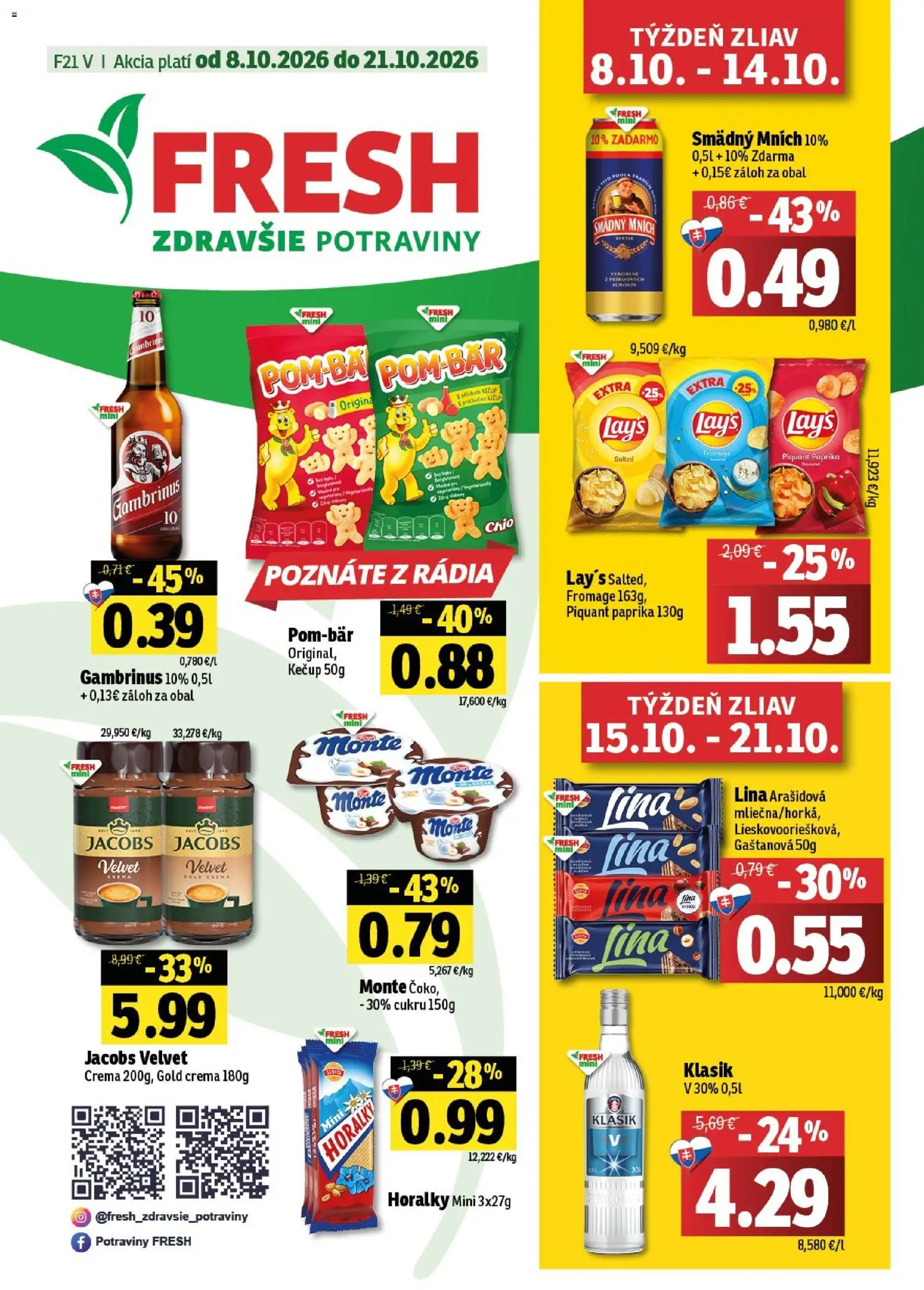 Náhľad Fresh letáku platného od 08.10.2026 - Paprika, Kečup, Jacobs Velvet, Gambrinus, Smädný Mních, Horálky
