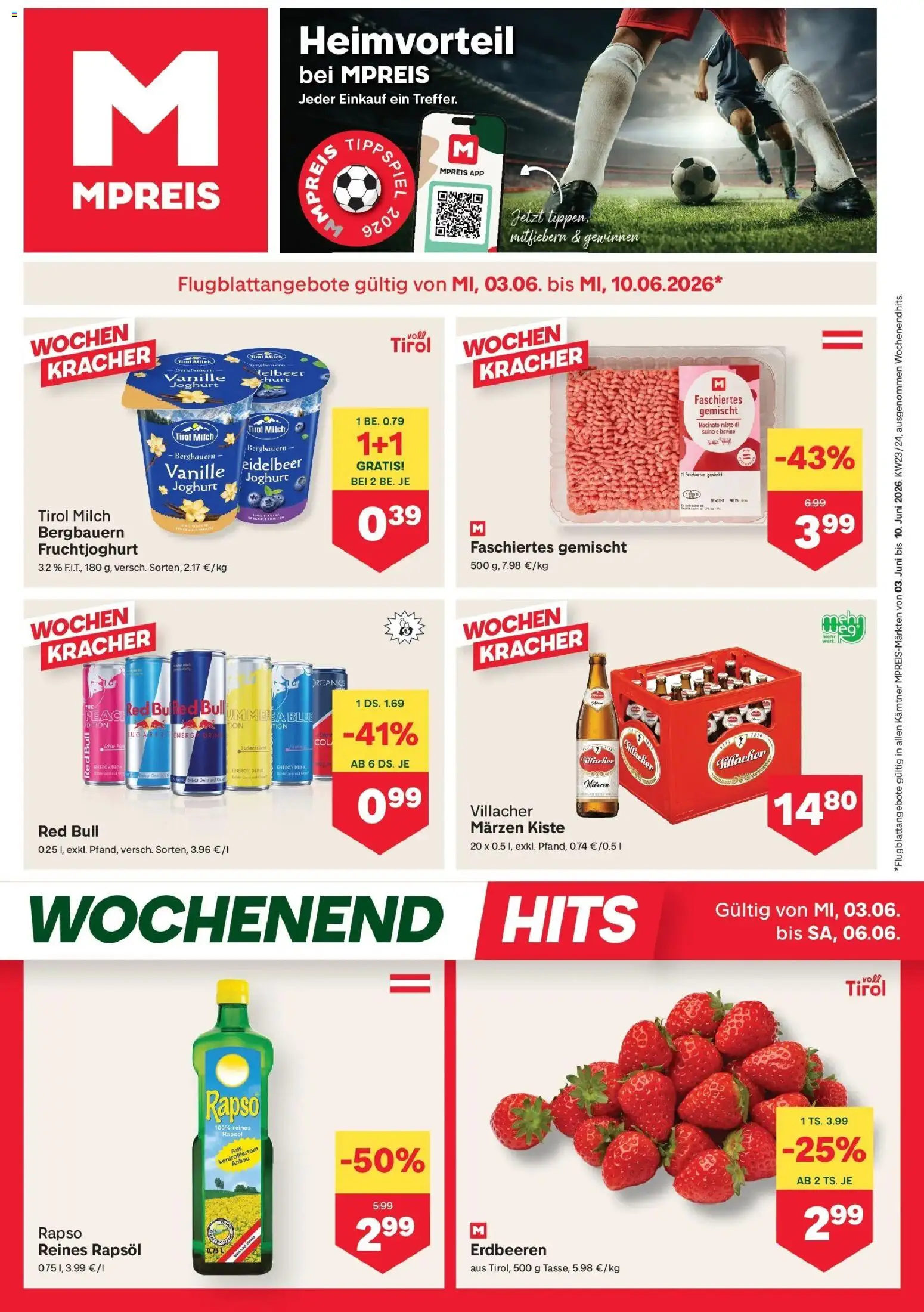 Vorschau der Angebote: MPREIS MPREIS Velden gültig ab 03.06.2026 - Erdbeeren, Milch, Joghurt, Rapsöl, Vanille