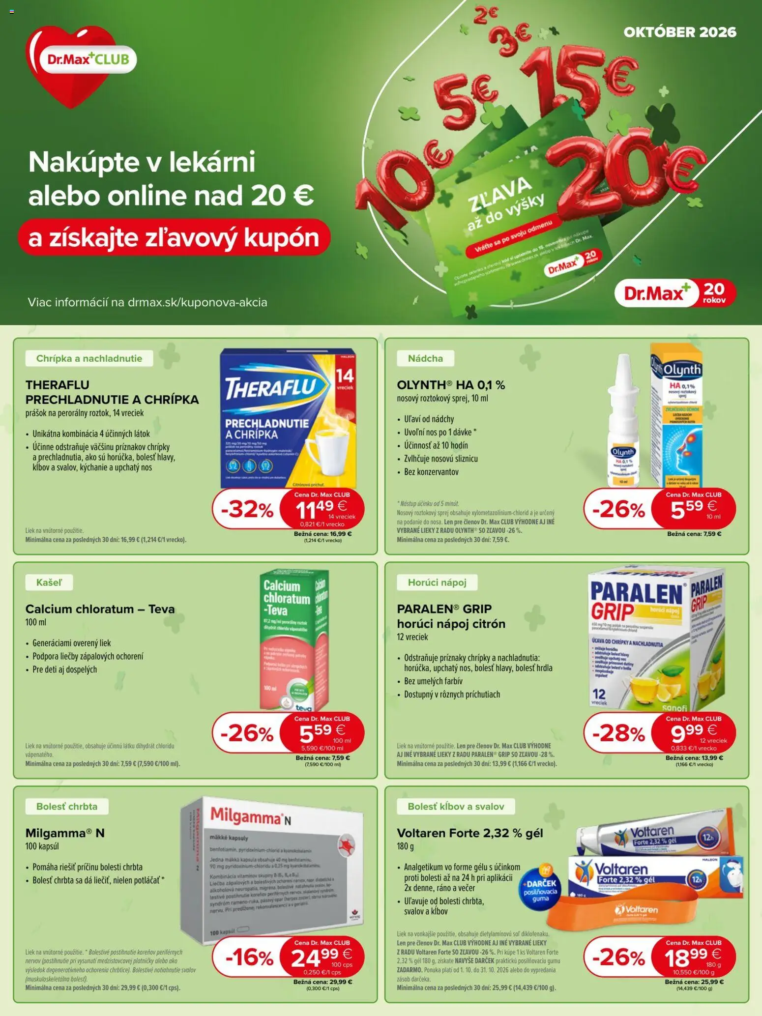 Náhľad Dr. Max letáku platného od 01.10.2026 - Theraflu, Soľ, Milgamma, Voltaren
