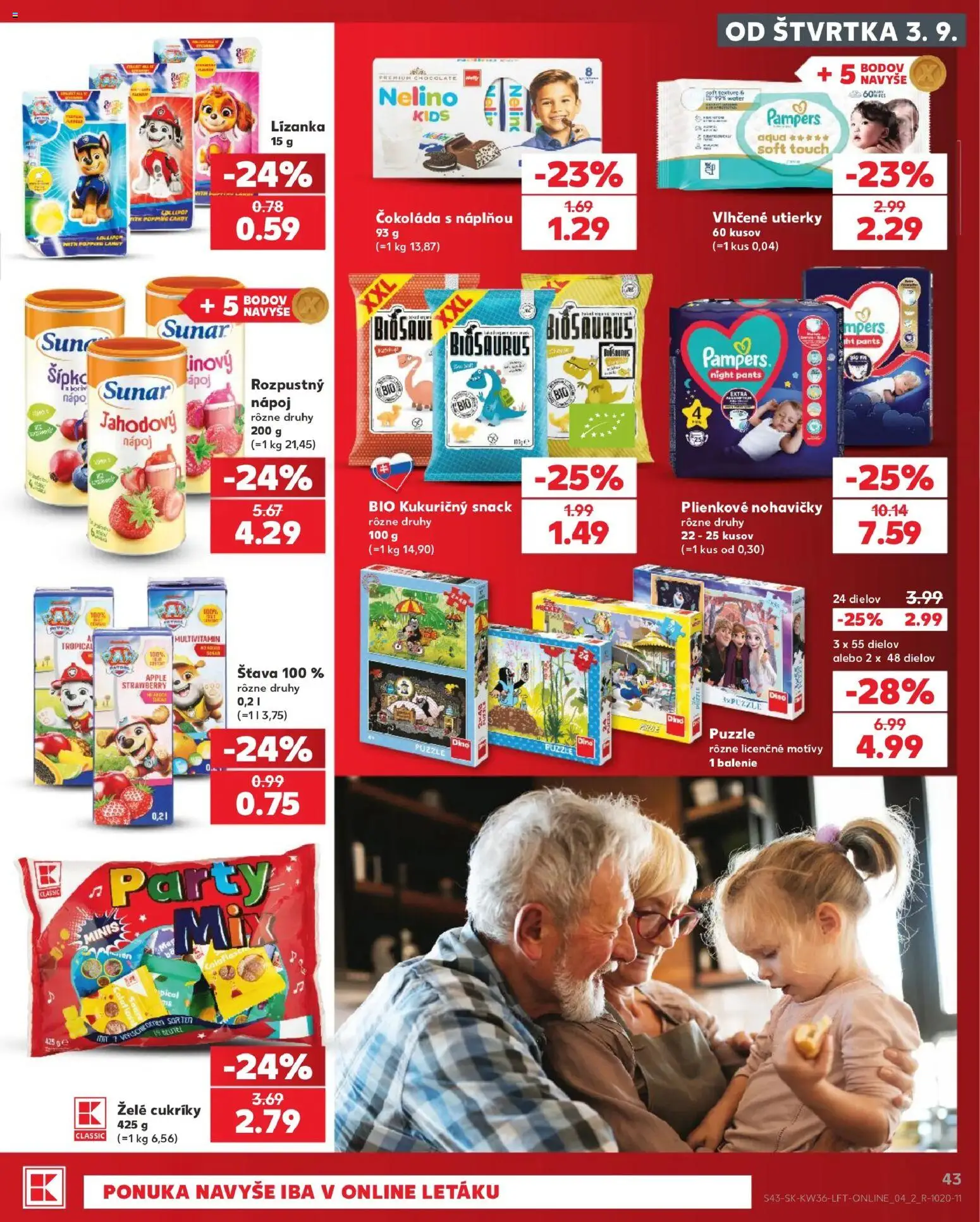 Náhľad Kaufland letáku platného od 03.09.2026 - Čokoláda, Šál, Pampers, Sunar, Multivitamín, Cukríky, Utierky, Šťava
