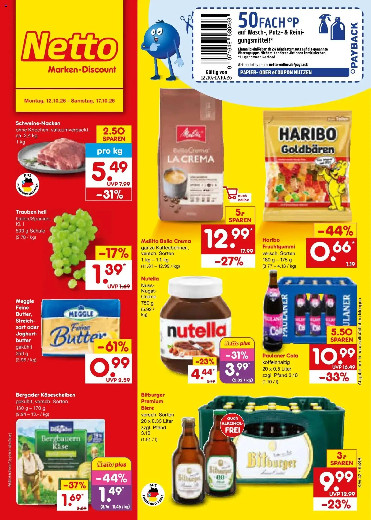 Vorschau von dem Prospekt des Geschäftes Netto Marken-Discount, gültig ab dem 12.10.2026 - Butter, Käse, Haribo, Joghurt, Alkohol, Melitta, Creme, Schweinenacken