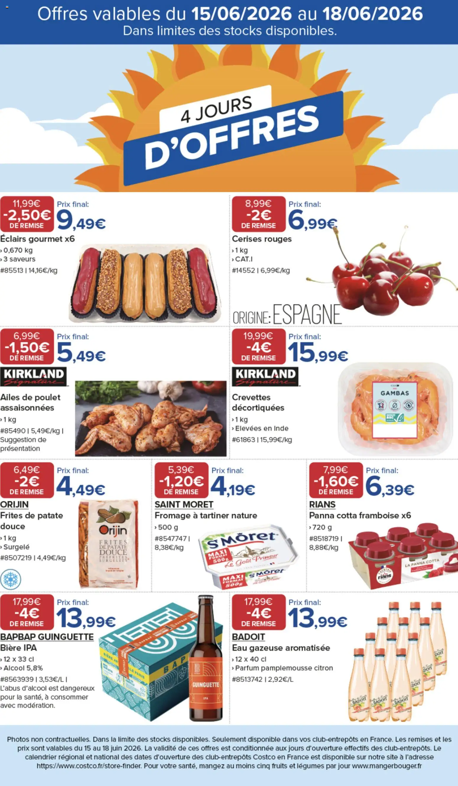 Prévisualisation de Costco 4 jours d'offres du magasin Costco formulaire valide 15/06/2026 - Parfum, Patate douce, Citron, Cerises, Frites, Crevettes, Fromage à tartiner, Alcool