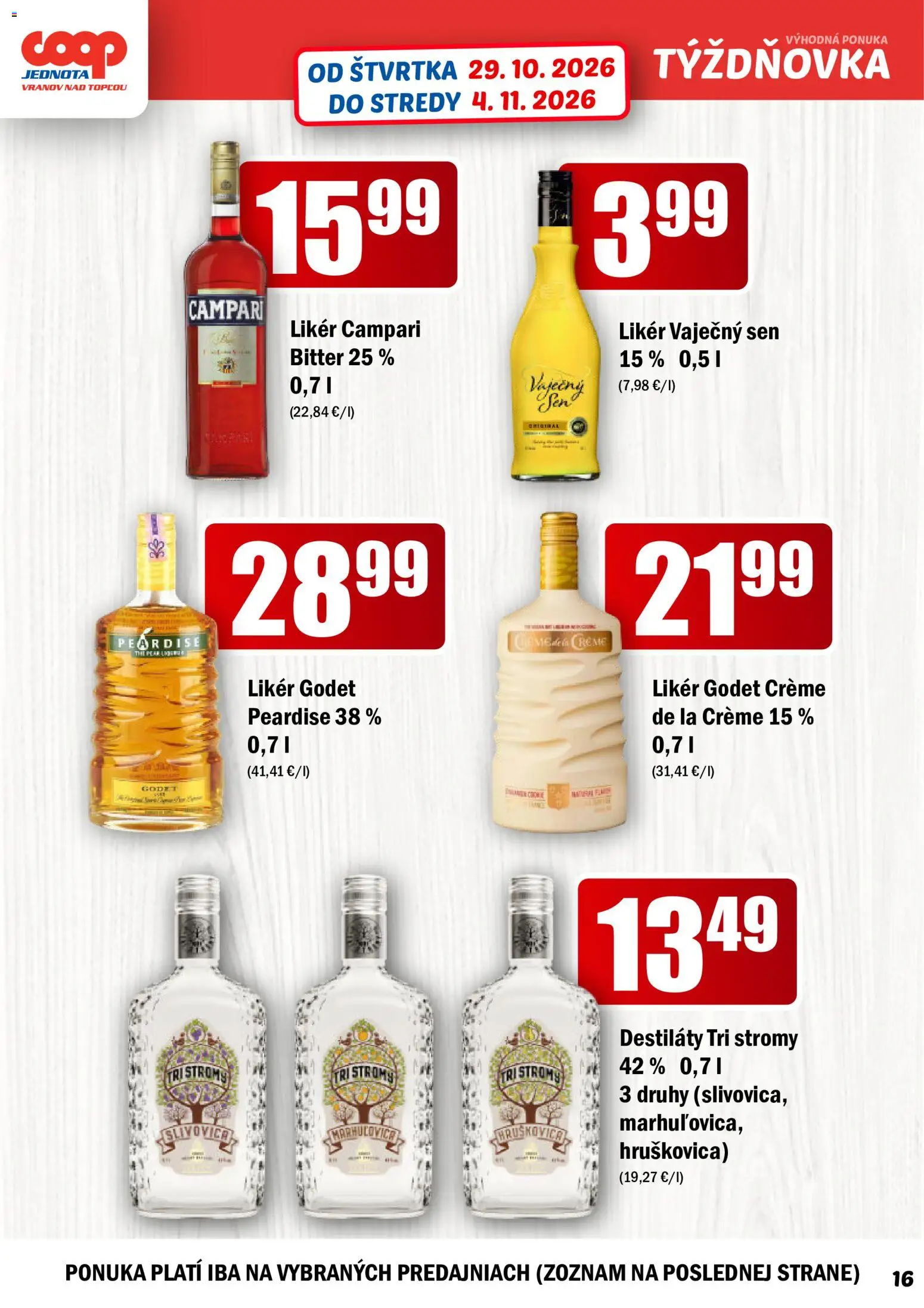 Náhľad COOP Jednota letáku platného od 29.10.2026 - Campari, Hruškovica, Vaječný sen