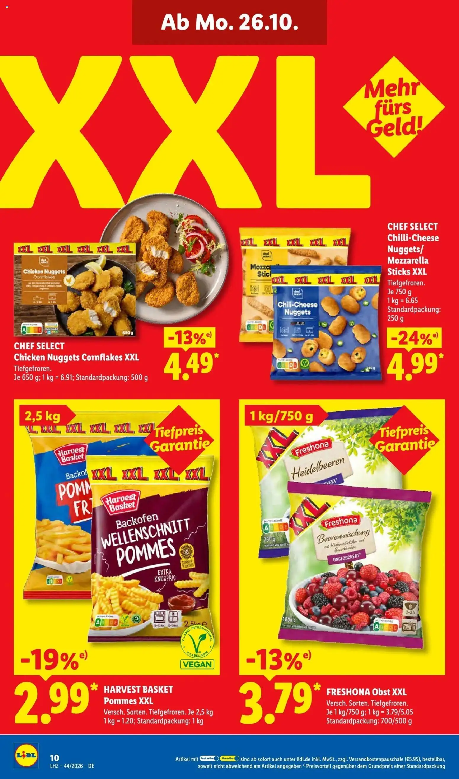 Vorschau von dem Prospekt des Geschäftes Lidl, gültig ab dem 26.10.2026 - Pommes, Mozzarella, Backofen, Heidelbeeren, Obst, Cornflakes