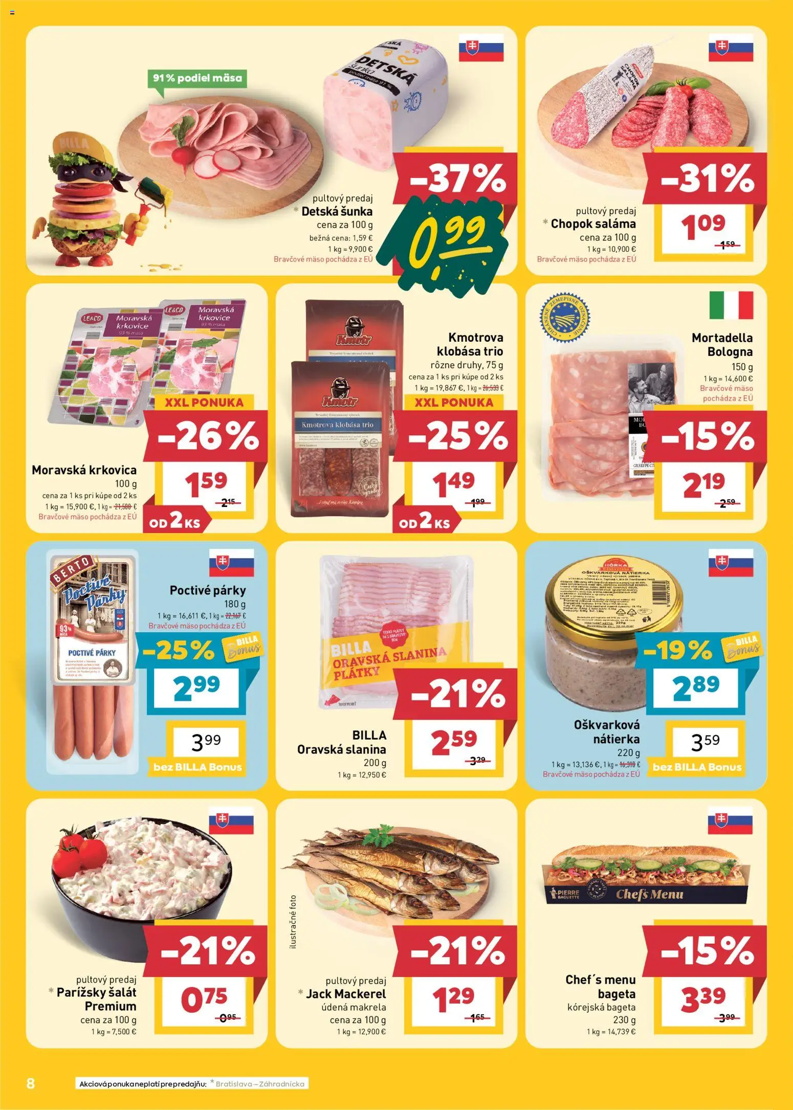 Náhľad Billa letáku platného od 28.10.2026 - Šalát, Klobása, Slanina, Horčica, Párky, Makrela, Saláma, Údená makrela