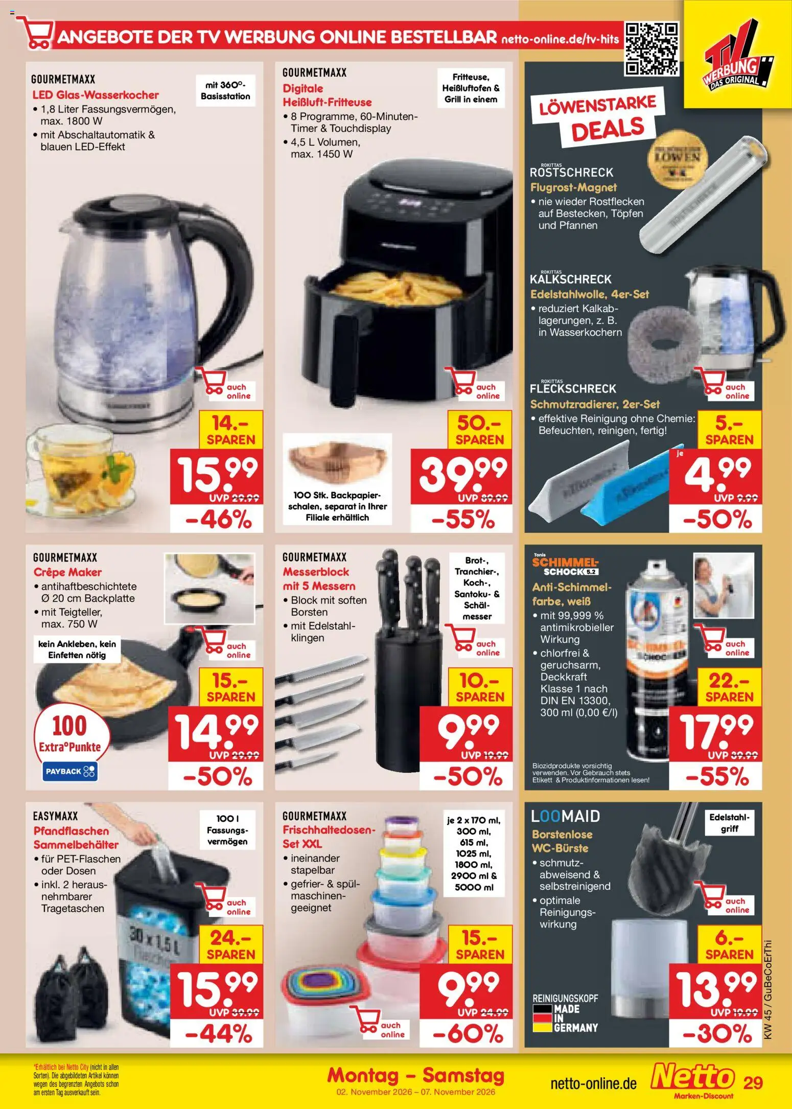 Vorschau von dem Prospekt des Geschäftes Netto Marken-Discount, gültig ab dem 02.11.2026 - Heißluftfritteuse, TV, Grill, Brot, Schal