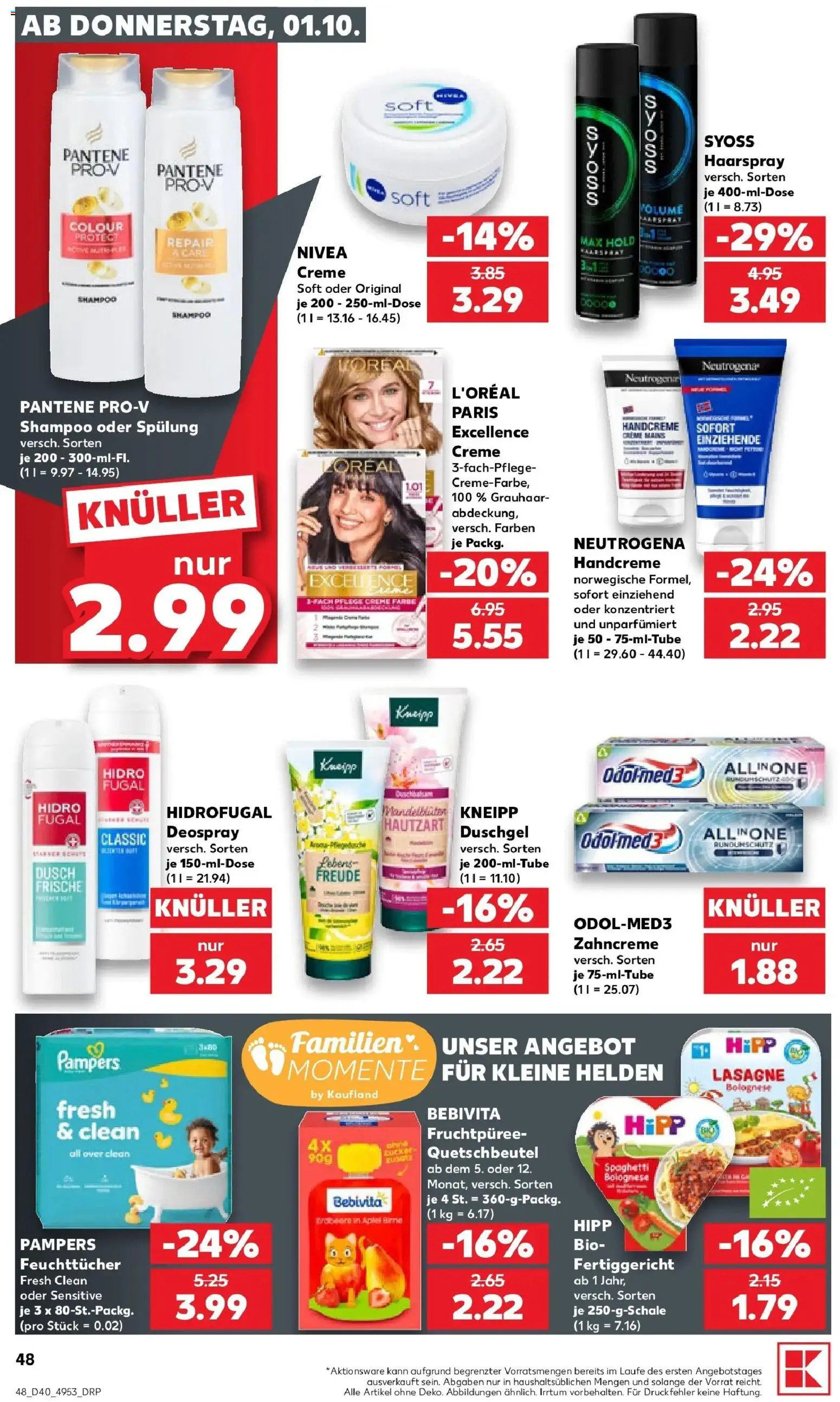 Vorschau von dem Prospekt des Geschäftes Kaufland, gültig ab dem 01.10.2026 - Lasagne, Spaghetti, Pampers, Shampoo, Creme, Handcreme, Duschgel, Haarspray