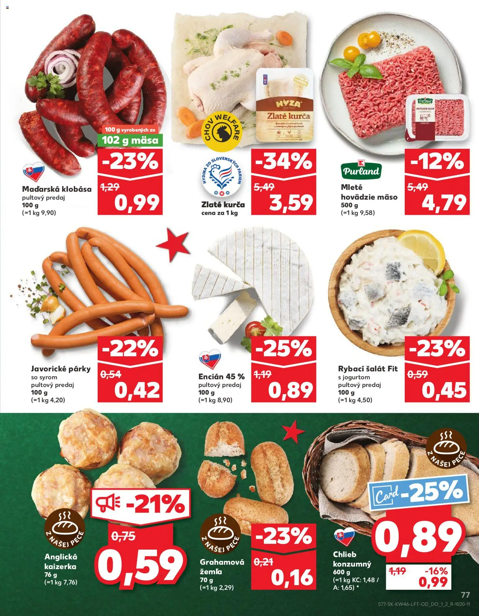 Náhľad Kaufland letáku platného od 13.11.2025 - Mäso, Chlieb, Hovädzie mäso, Pec, Klobása, Párky, Encián, Kurča
