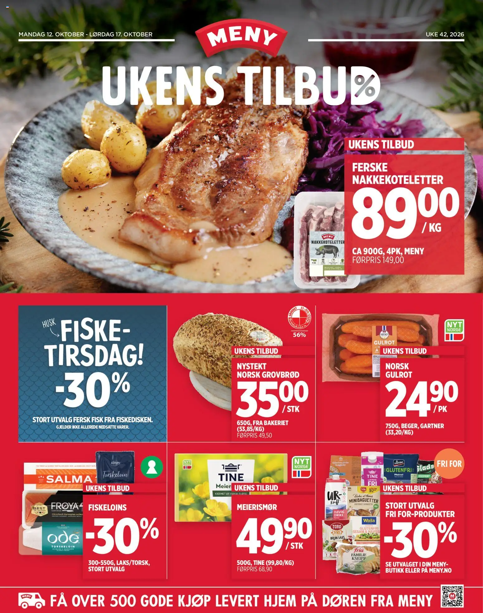 Forhåndsvis Meny kundeavis fra butikk Meny gyldig fra 12/10/2026 - Husk, Meierismør, Grovbrød, Fisk, Minibaguetter, Gulrot, Nakkekoteletter, Saus
