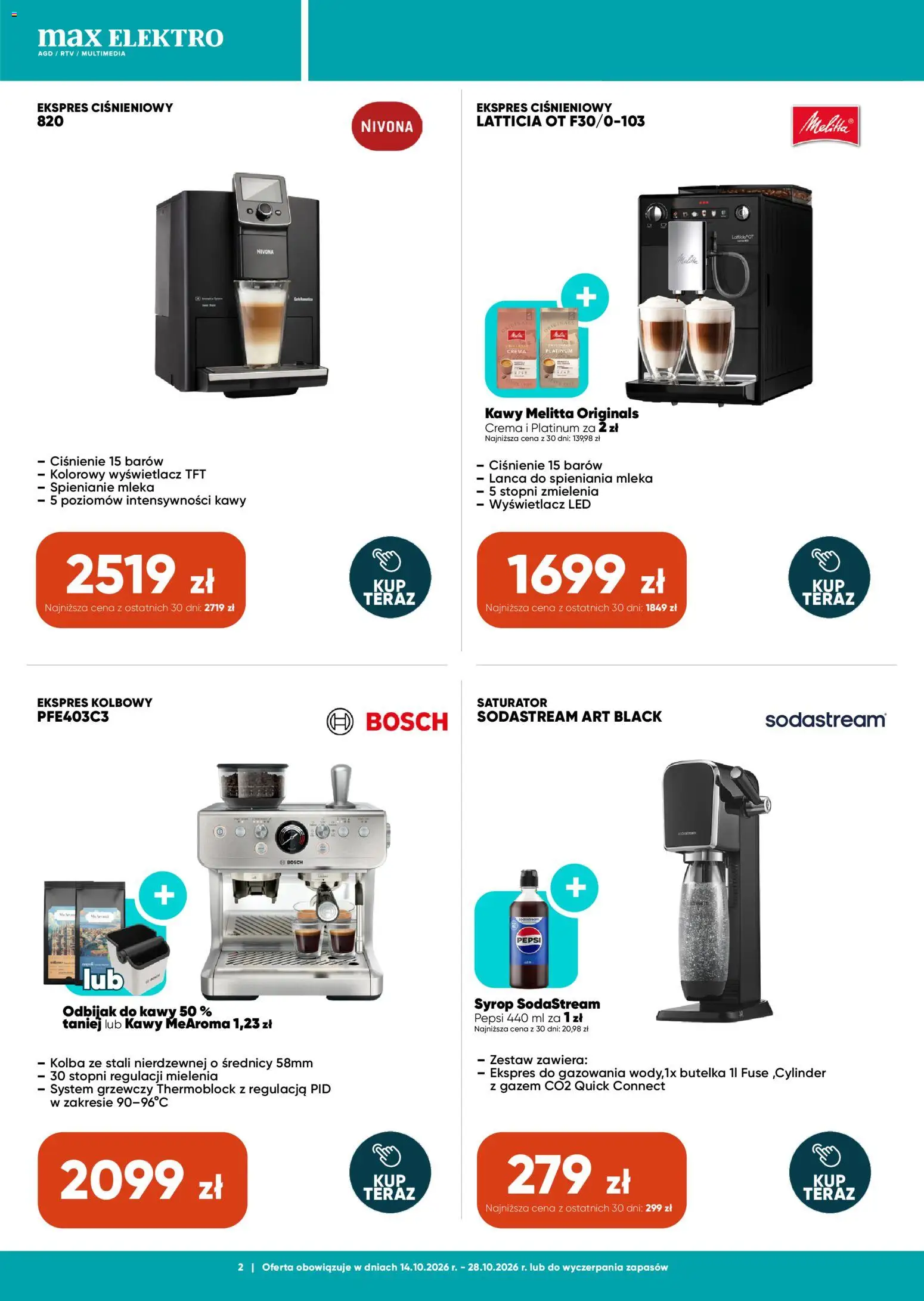 Pogląd gazetki "Max elektro gazetka" ze sklepu Max elektro ważnej od 14.10.2026 - Sodastream, Pepsi, Ekspres ciśnieniowy, Syrop, Mleka