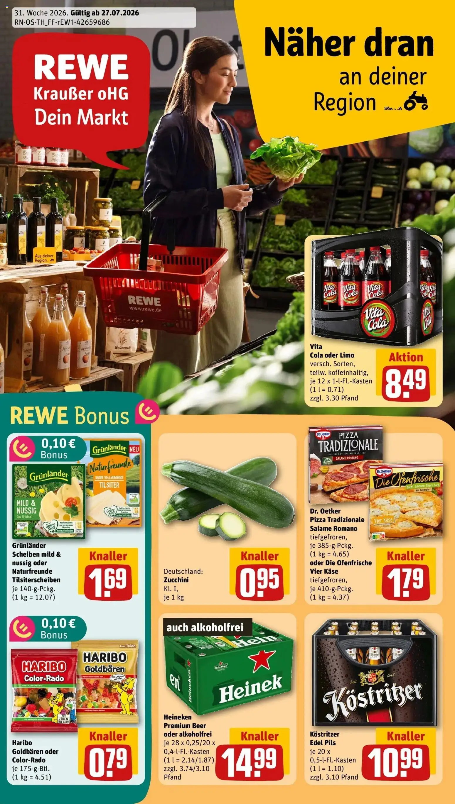 Vorschau von dem Prospekt des Geschäftes Rewe, gültig ab dem 27.07.2026 - Pizza, Käse, Haribo, Zucchini, Öl, Weizenmehl, Pils, Kostritzer
