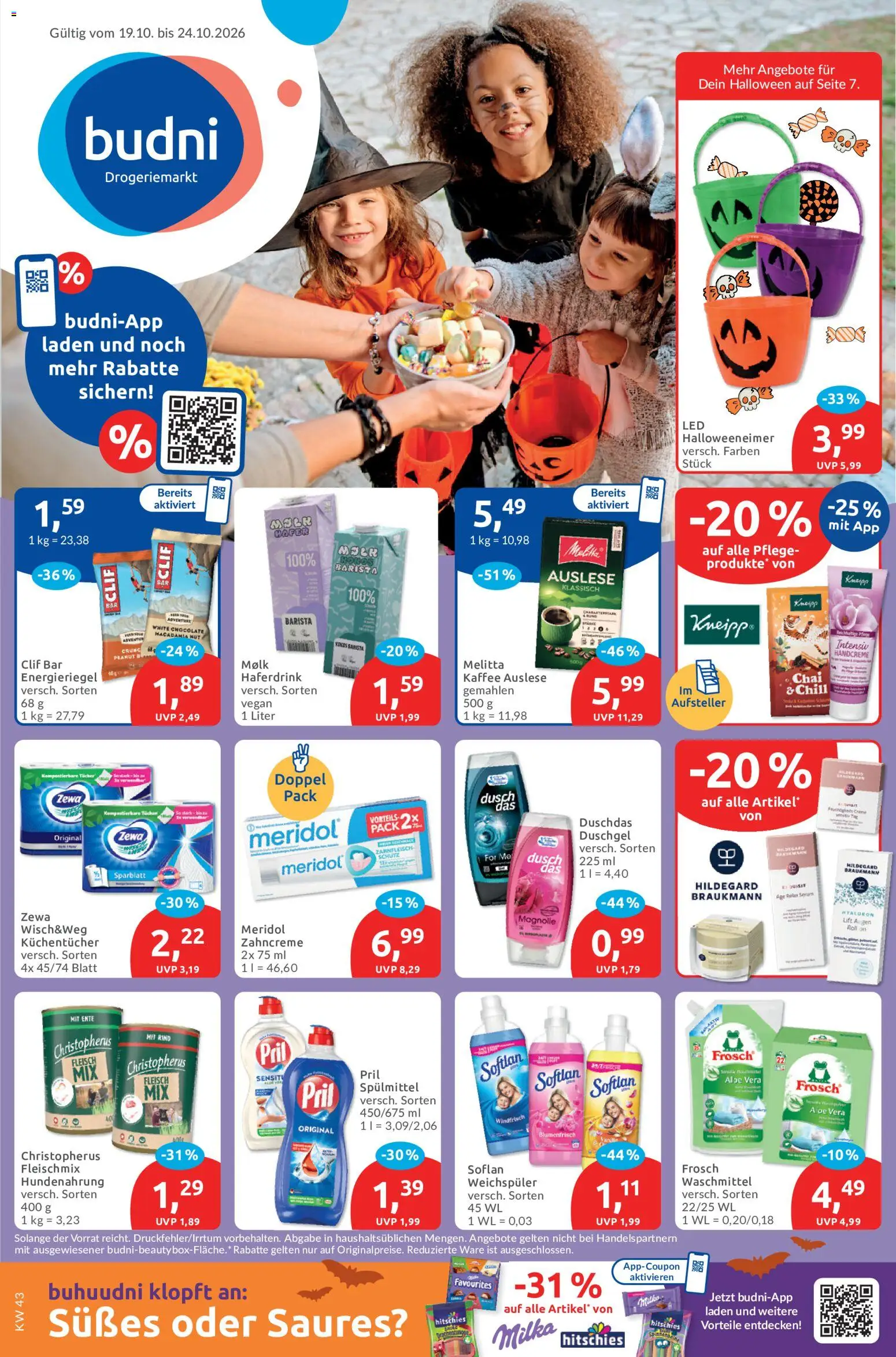 Vorschau von dem Prospekt des Geschäftes Budni, gültig ab dem 19.10.2026 - Kaffee, Milka, Waschmittel, Melitta, Handcreme, Pril, Haferdrink, Duschdas
