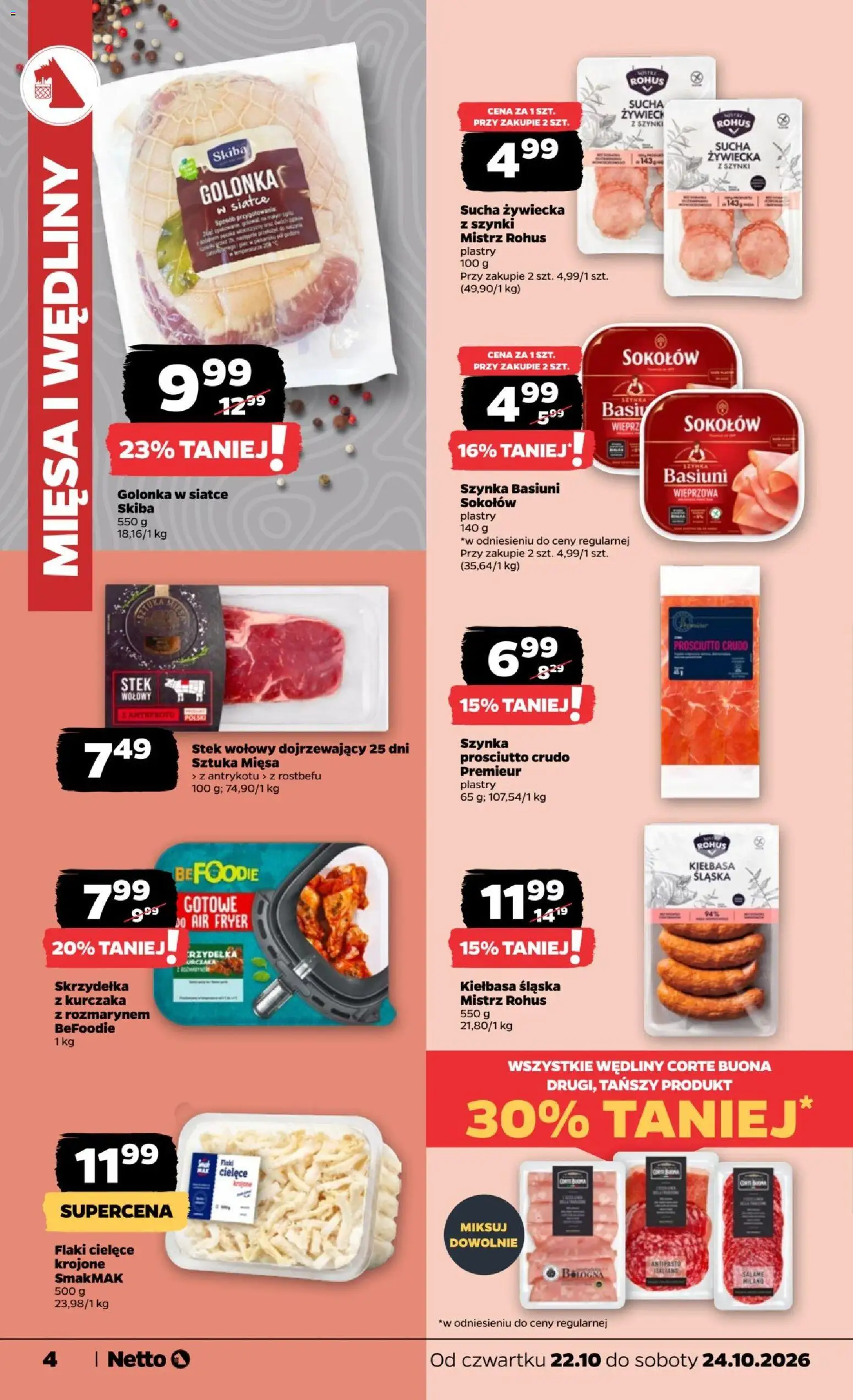 Pogląd gazetki "Netto gazetka od czwartku" ze sklepu Netto ważnej od 22.10.2026 - Stek, Wędliny, Kiełbasa, Szynka, Prosciutto, Prosciutto crudo, Szynka prosciutto, Skrzydełka