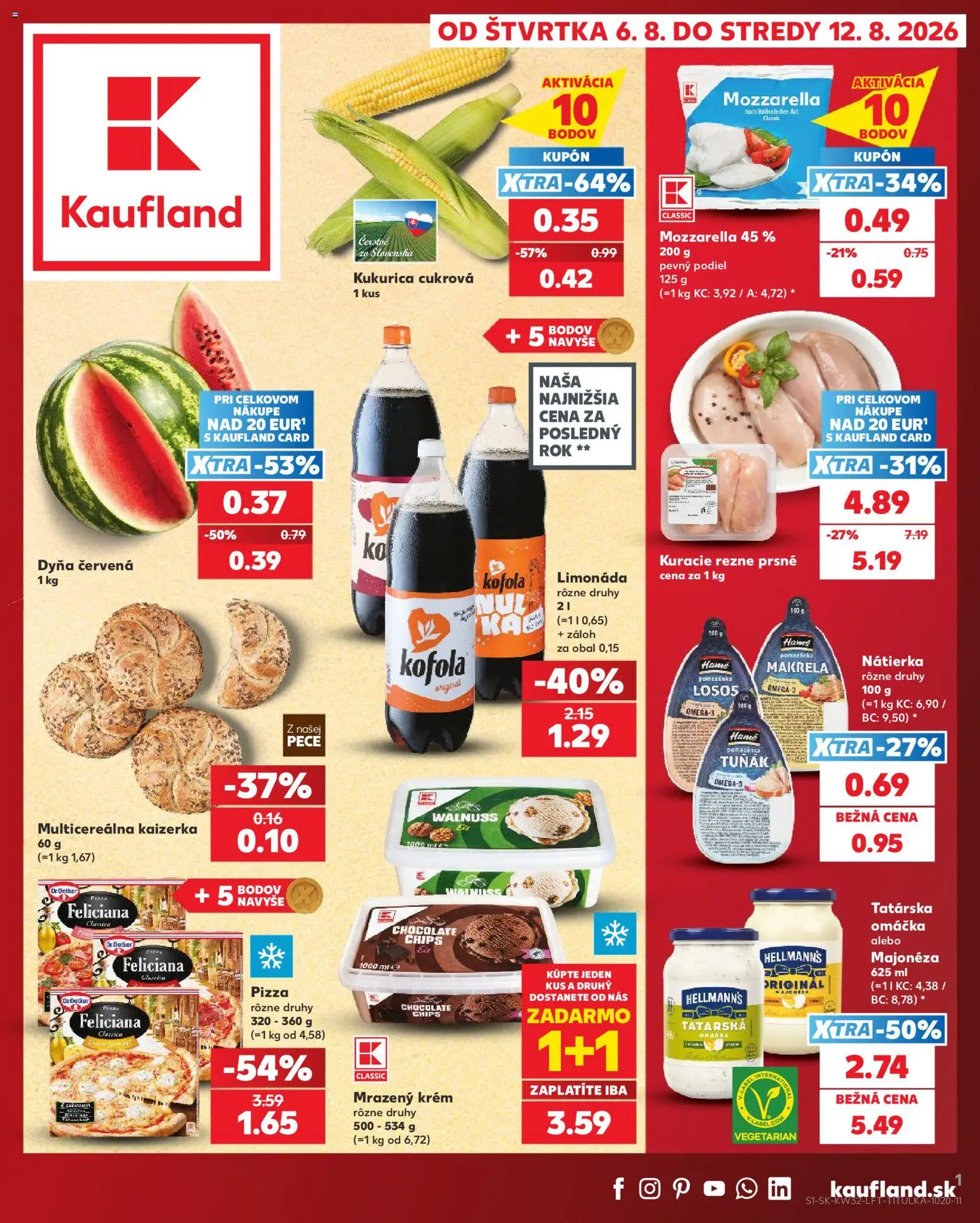 Náhľad Kaufland letáku platného od 06.08.2026 - Losos, Mozzarella, Kukurica, Omáčka, Rezne, Nátierka, Krém, Limonáda