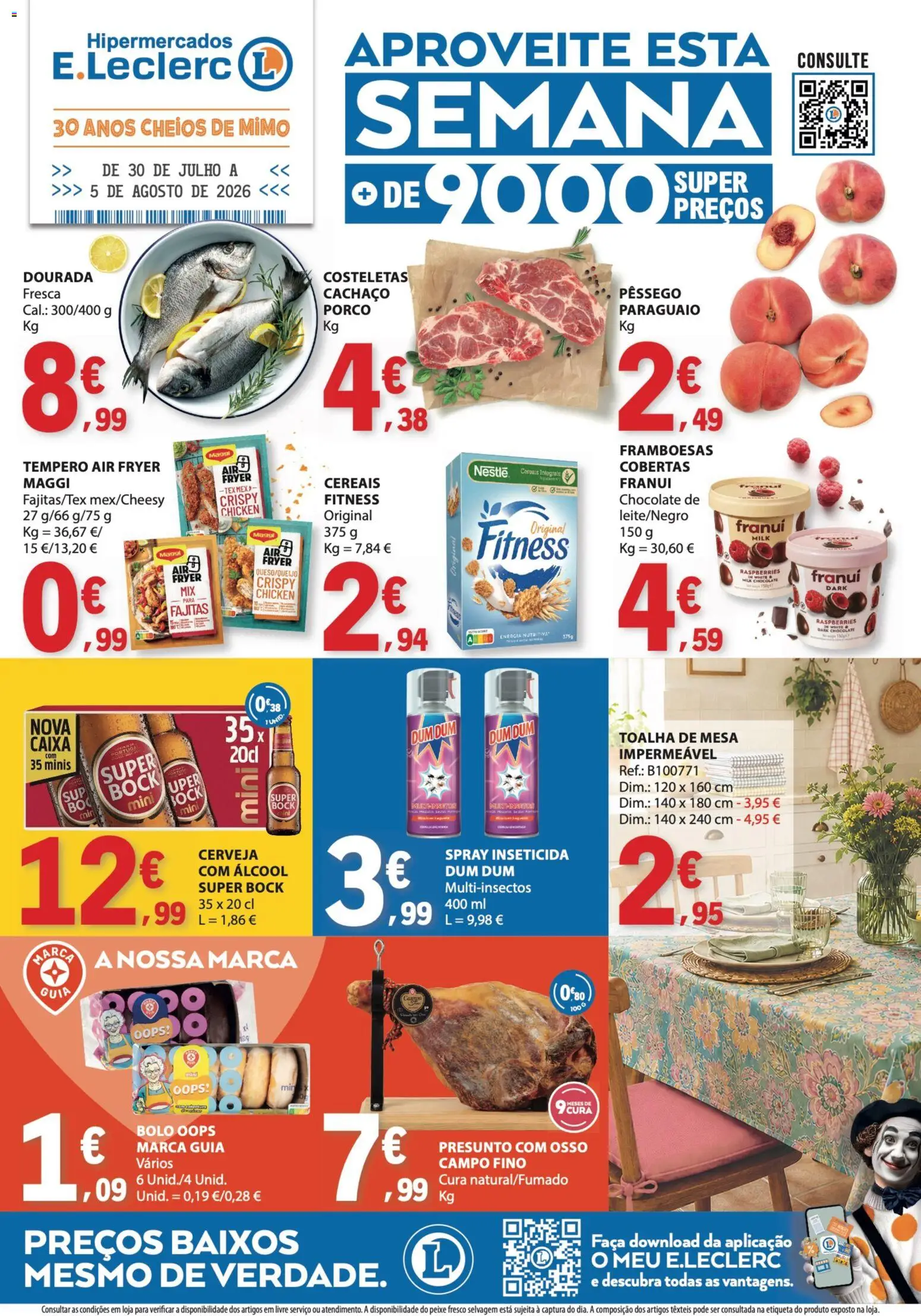 Pré-visualização do folheto da loja E.Leclerc válida a partir de 30/07/2026 - Air fryer, Bolo, Nestlé, Álcool, Presunto, Framboesas, Inseticida, Faca