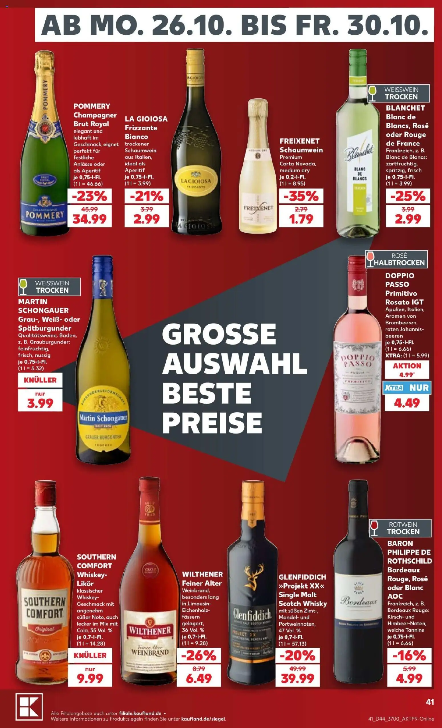 Vorschau von dem Prospekt des Geschäftes Kaufland, gültig ab dem 26.10.2026 - Whiskey, Weißwein, Rotwein, Likör, Freixenet, Rouge, Rotwein trocken, Wilthener