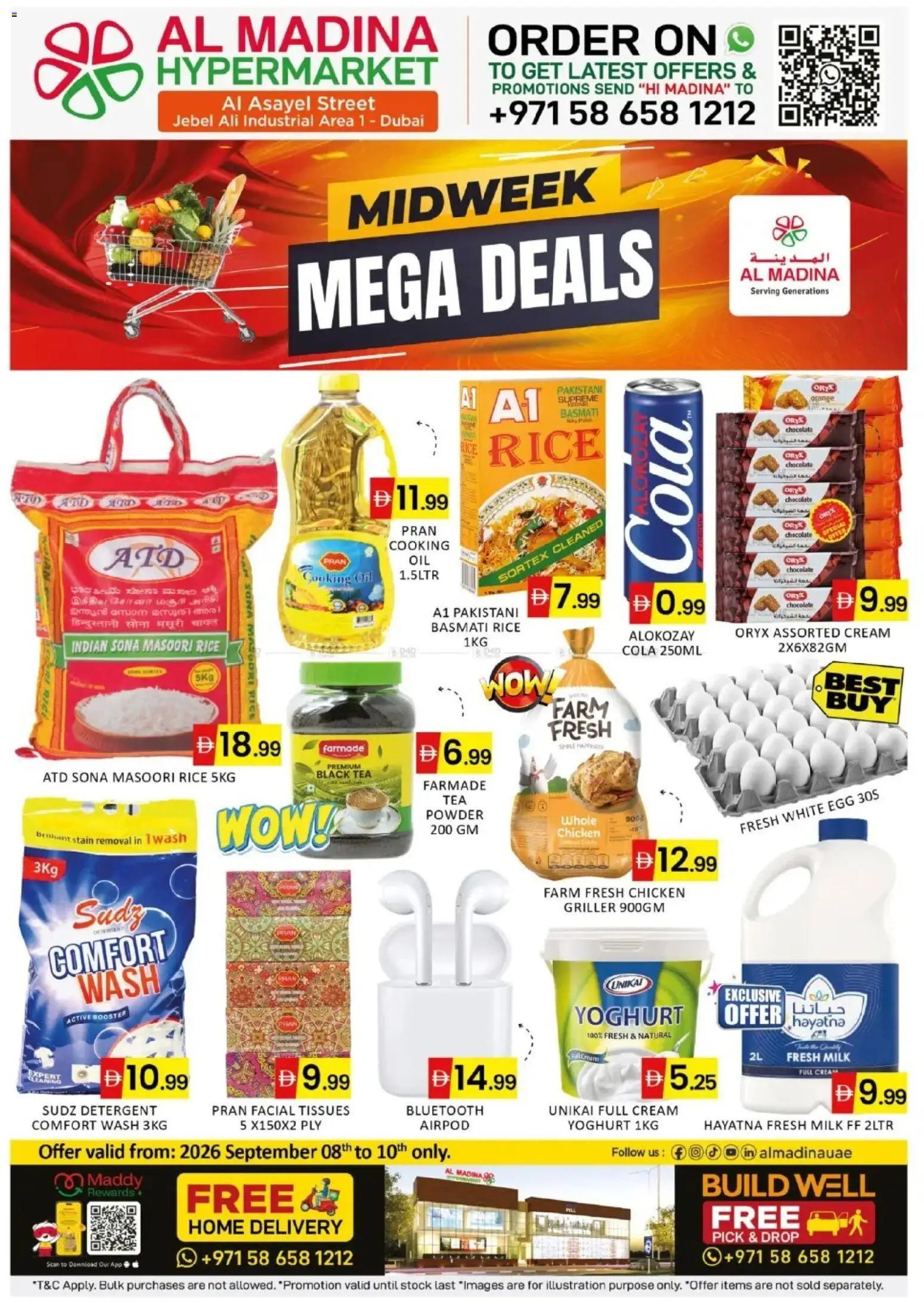Preview of the catalogue Al Madina catalogue Midweek Mega Deals of store Al Madina valid from 8 Sep, 2026 - Orange, Stock, Oil, Rice, Cream, Tissues, Detergent, Griller