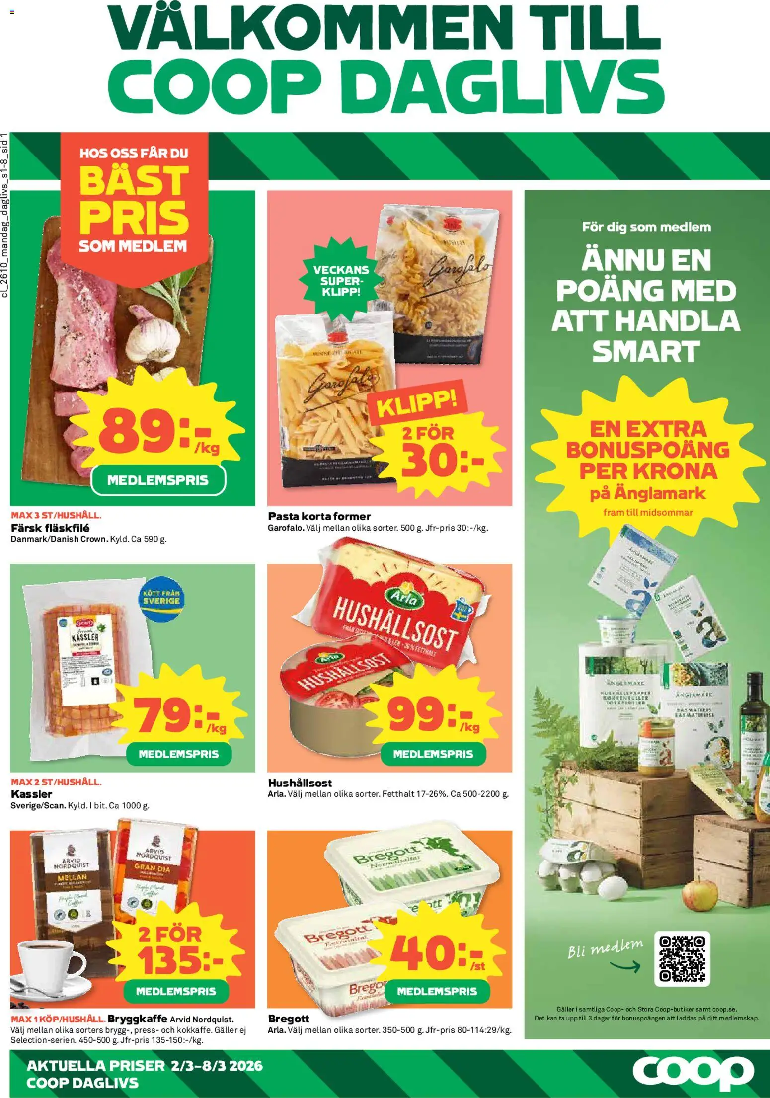 Förhandsgranska reklamblad Coop Daglivs erbjudanden från butik Coop Daglivs gäller från 02/03/2026 - Pasta, Kött, Kassler, Bregott, Galler, Hushållsost, Fläskfilé