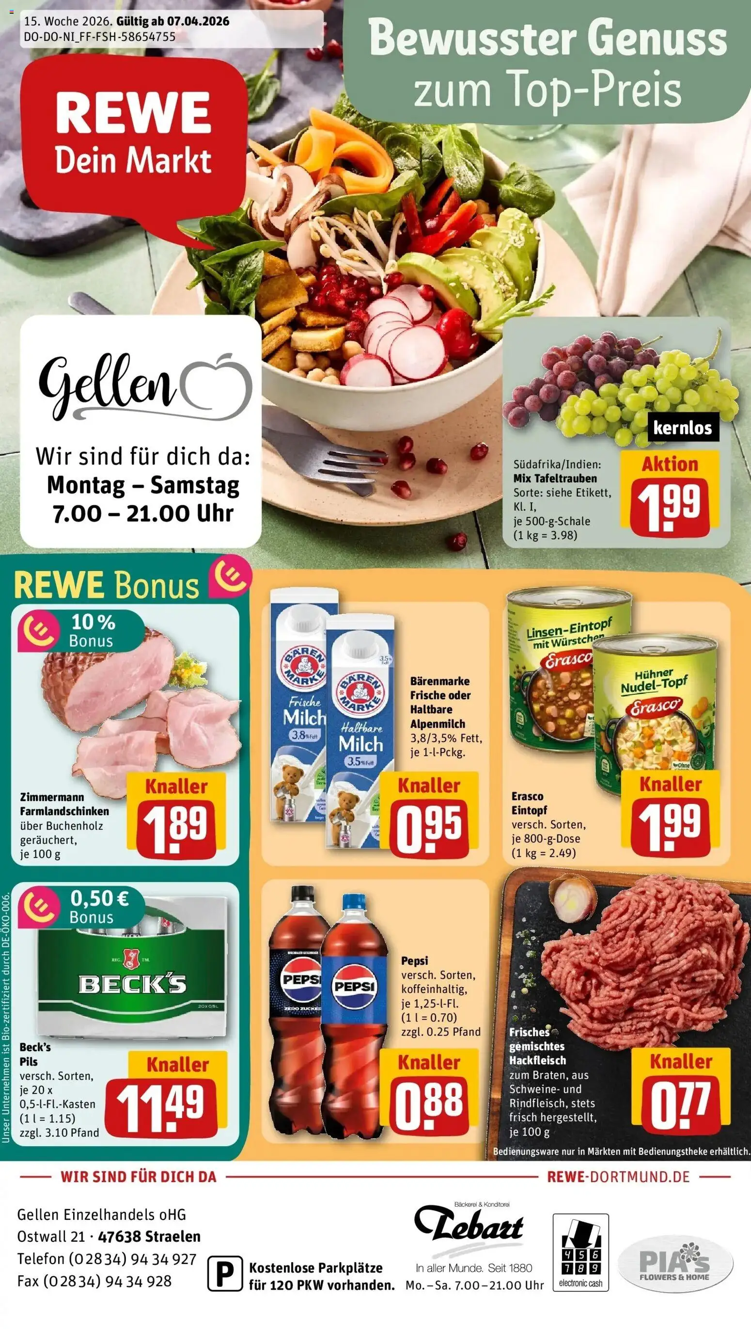 Vorschau von dem Prospekt des Geschäftes Rewe, gültig ab dem 05.04.2026 - Uhr, Telefon, Milch, Hackfleisch, Zucker, Pepsi, Pils, Erasco
