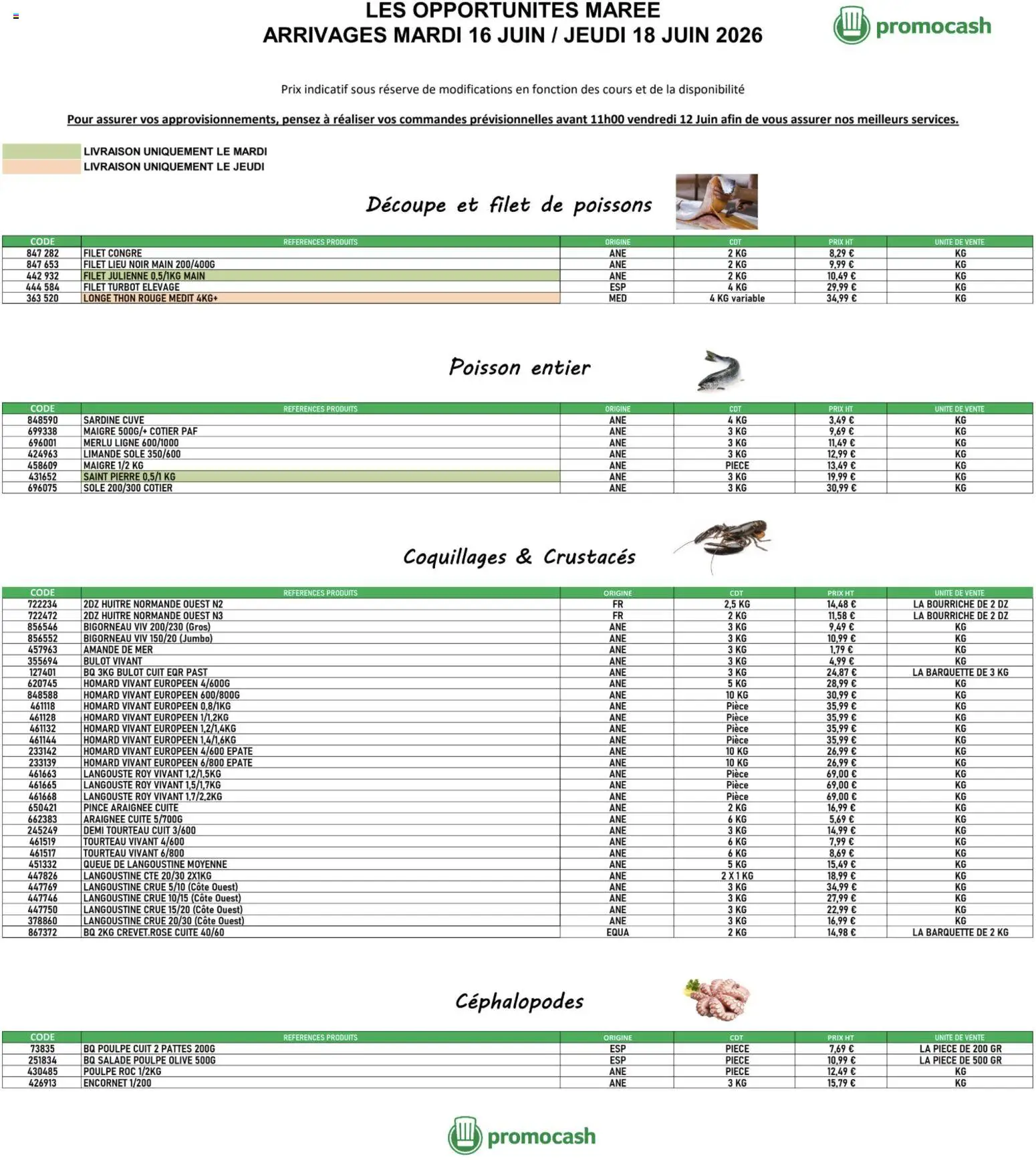 Prévisualisation de Promocash Opportunités Marée du magasin Promocash formulaire valide 16/06/2026 - Poissons, Poisson, Amande, Thon, Homard, Langouste, Olive, Tourteau vivant