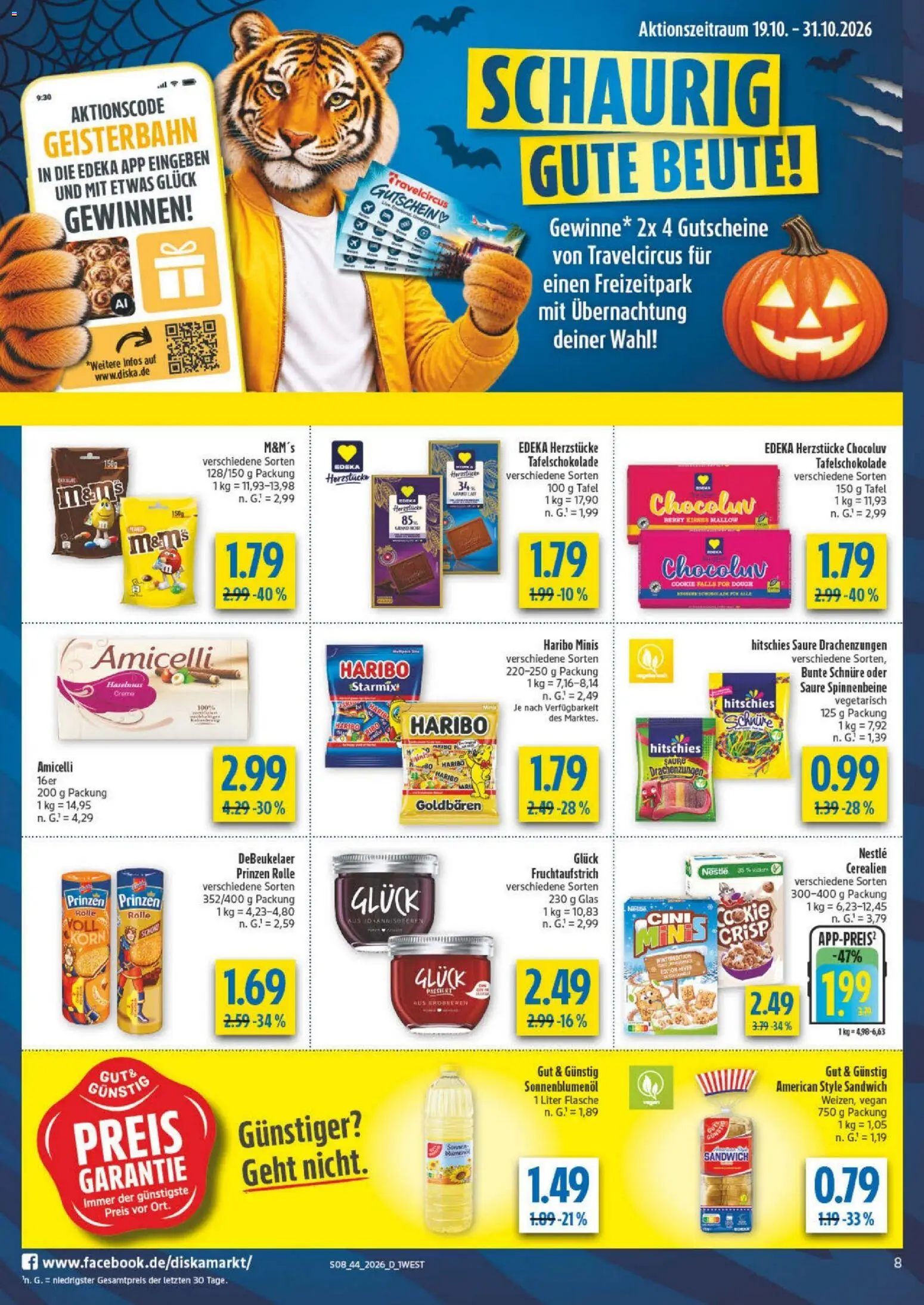 Vorschau von dem Prospekt des Geschäftes Diska, gültig ab dem 26.10.2026 - Haribo, Erdbeeren, Creme, M&M's, Sonnenblumenol